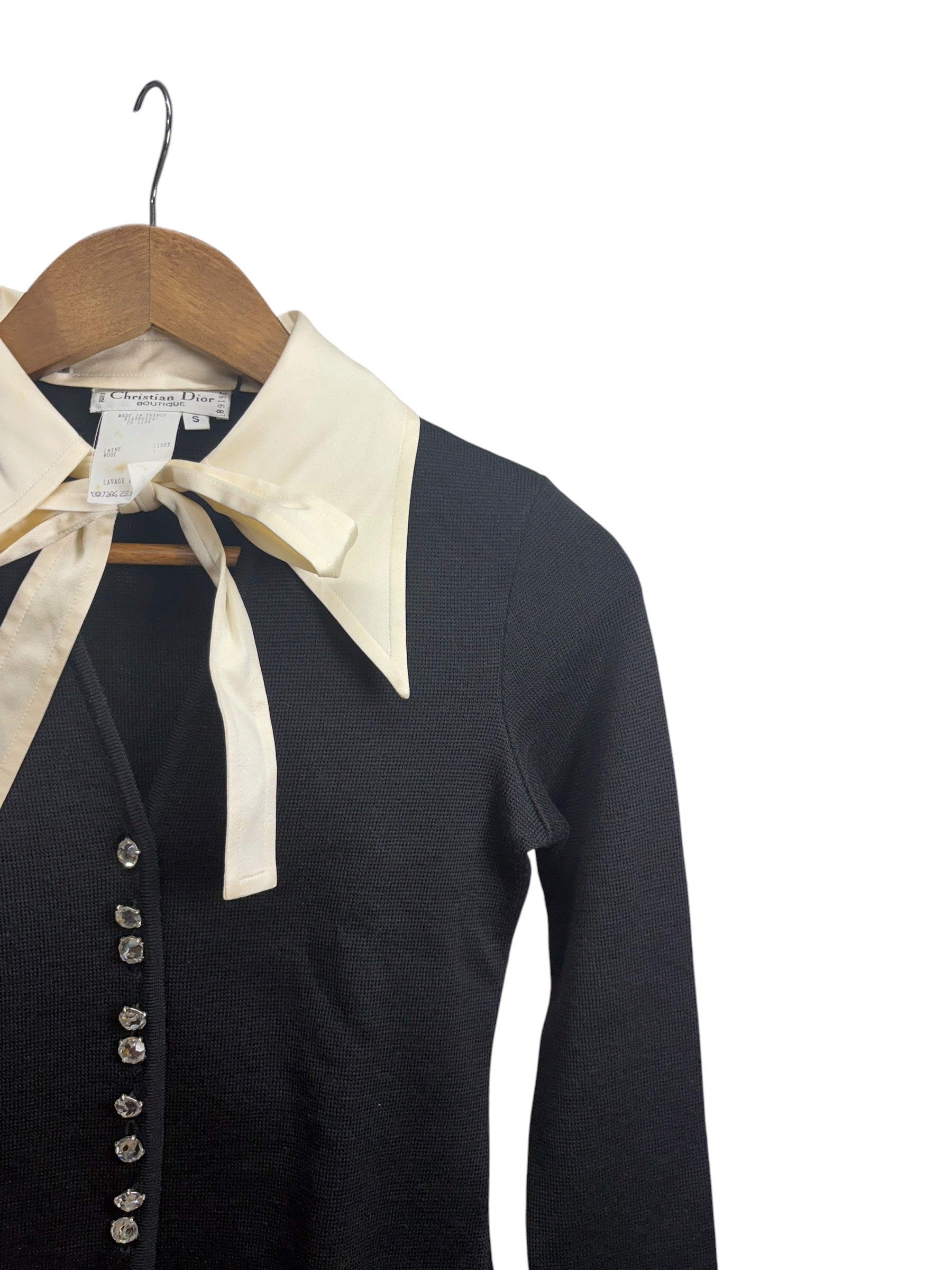 Christian Dior Black White Butterfly Collar Bow Tie Crystal Buttons Shirt