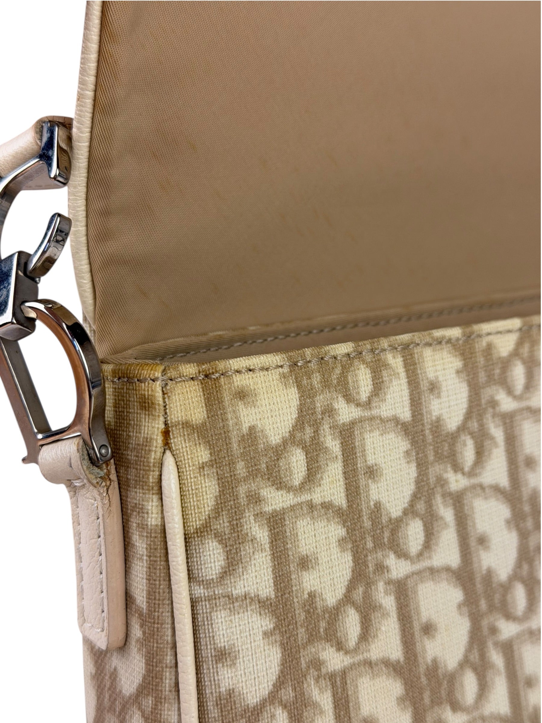 Christian Dior Beige Leather Trim Trotter Floral Embroidered Flap Bag