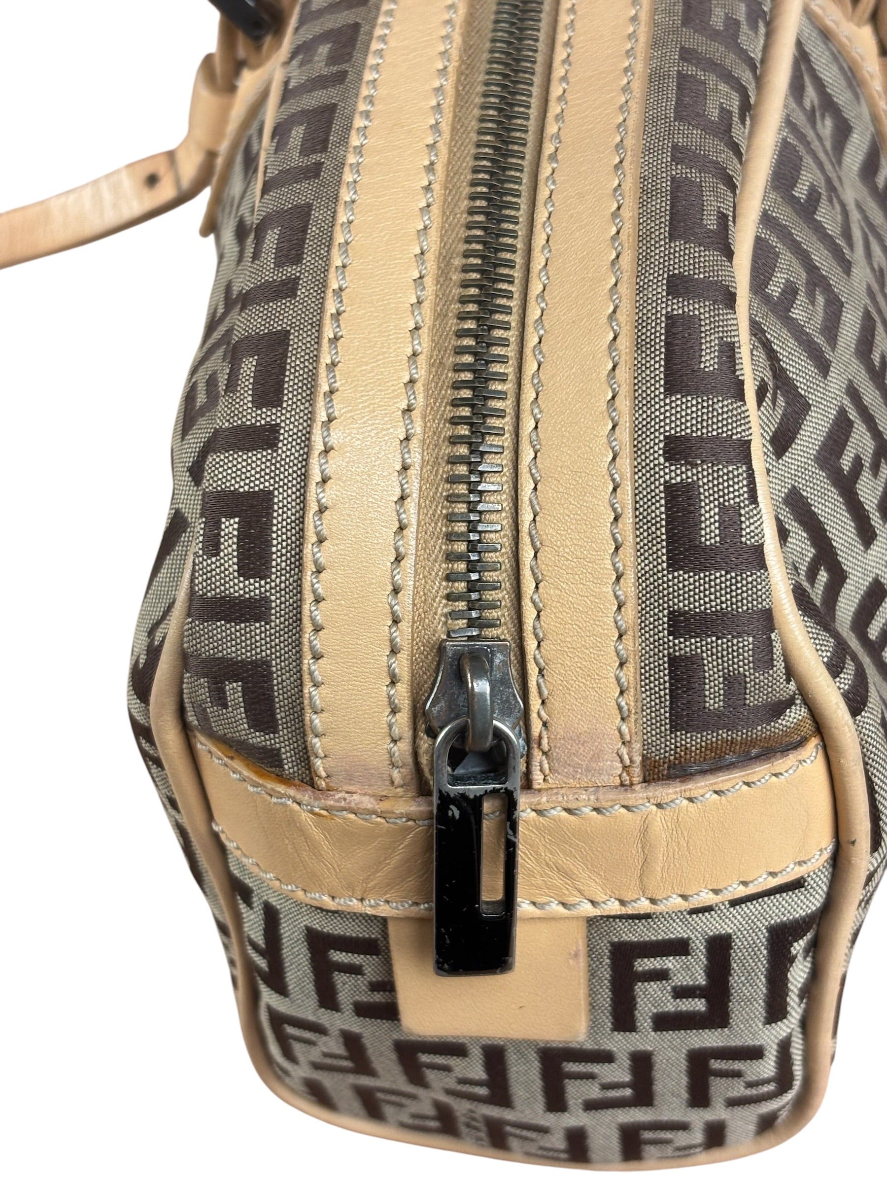 Fendi Beige Leather Trim Zucca Small Boston Bag