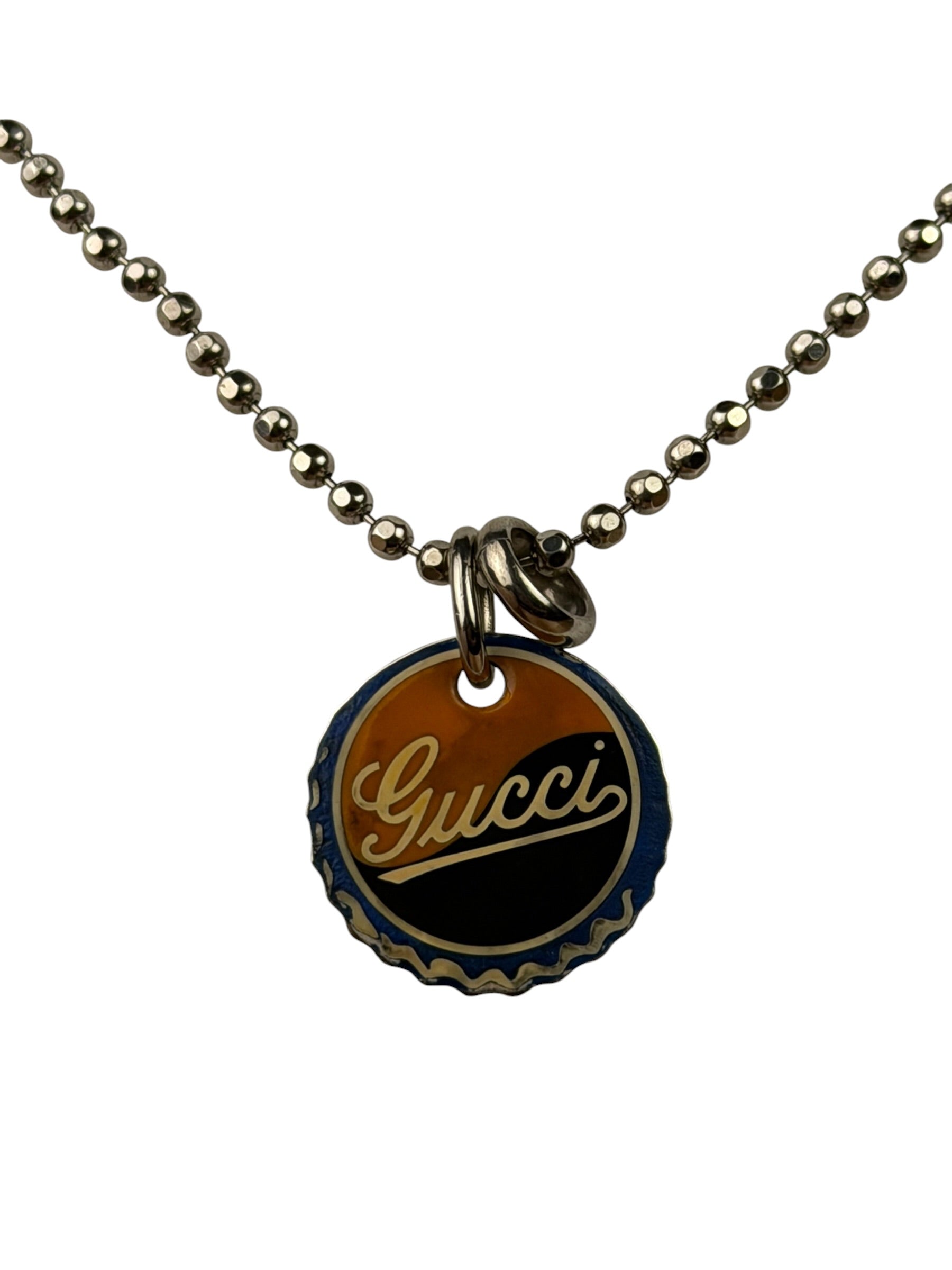 Gucci Sterling Silver Bottle-Cap-Style Enamel Logo Pendant Necklace