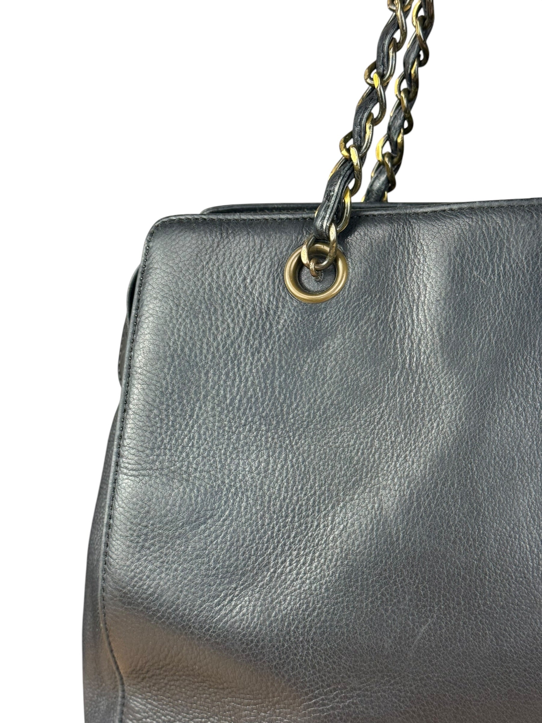 Chanel Black Leather Front Pocket Chain Tote 1998