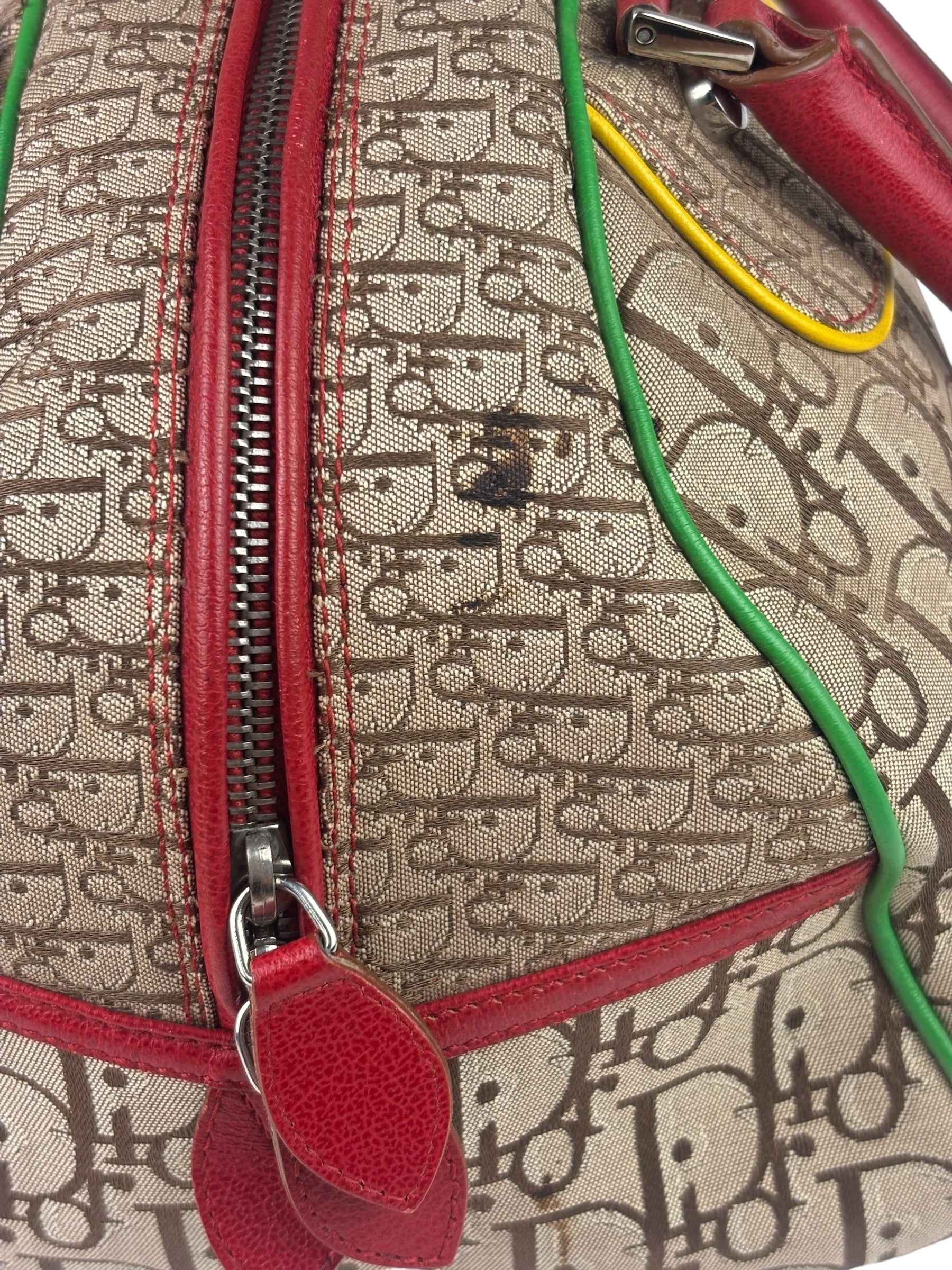 Christian Dior Vintage Beige/Brown Leather Trim Rasta Bowler Bag