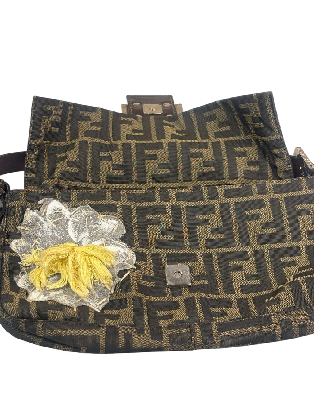Fendi Brown Leather Trim Zucca Floral Embroidered Baguette