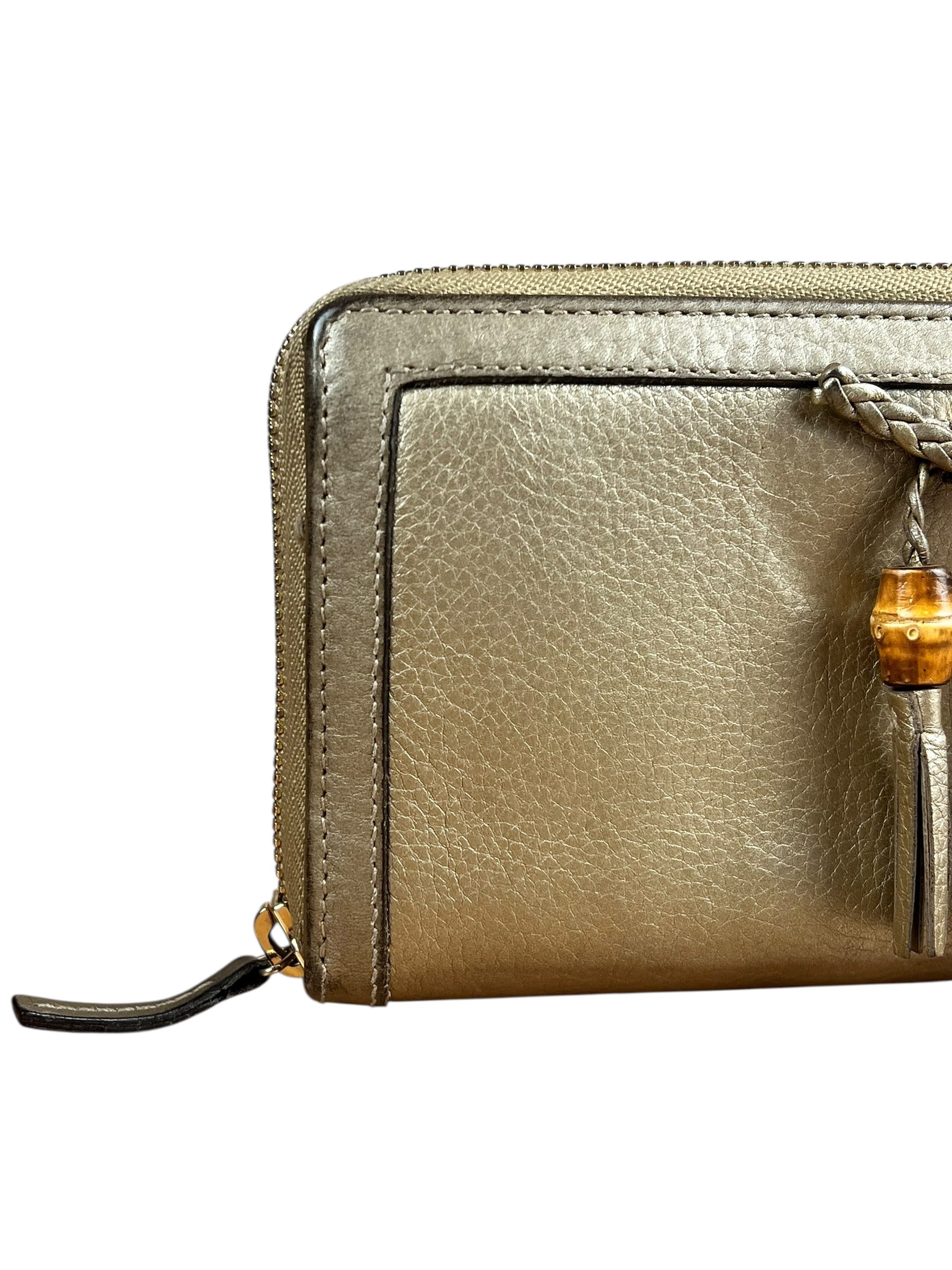 Gucci Bronze Metallic Leather Bamboo Long Zippy Wallet