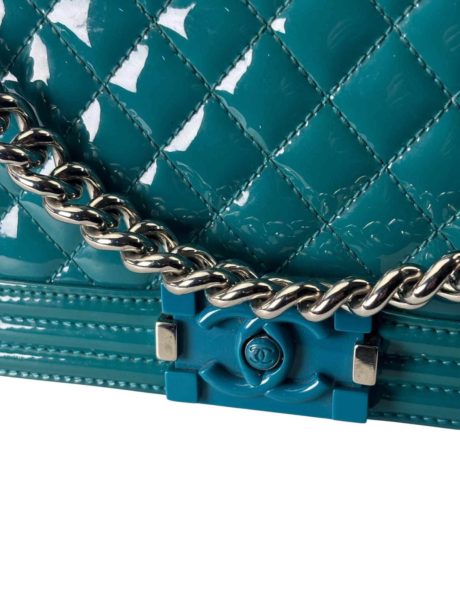 Chanel Teal Quilted Patent Leather Boy Flap Bag 2014