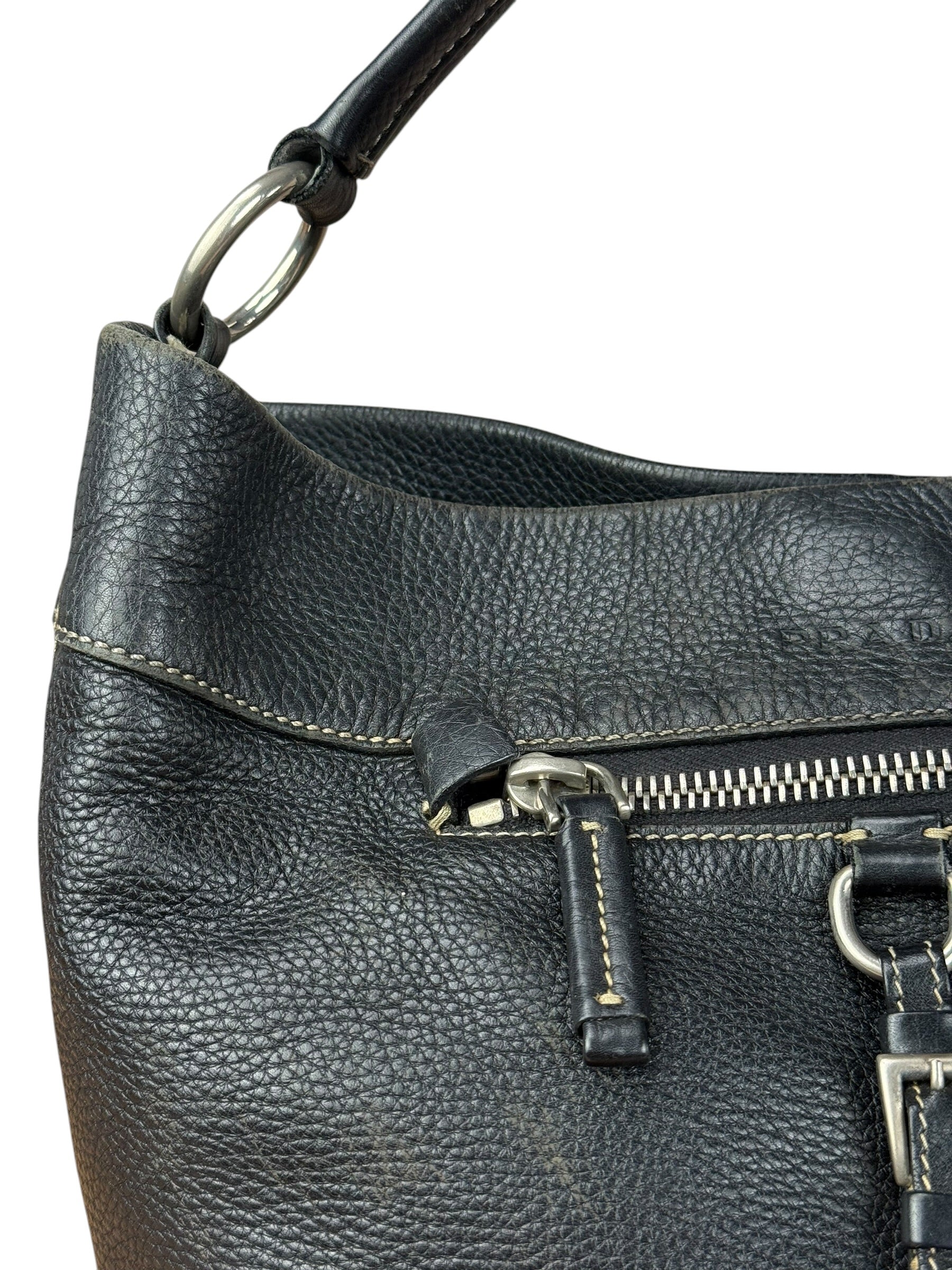 Prada Vintage Black Pebbled Leather Hobo Bag