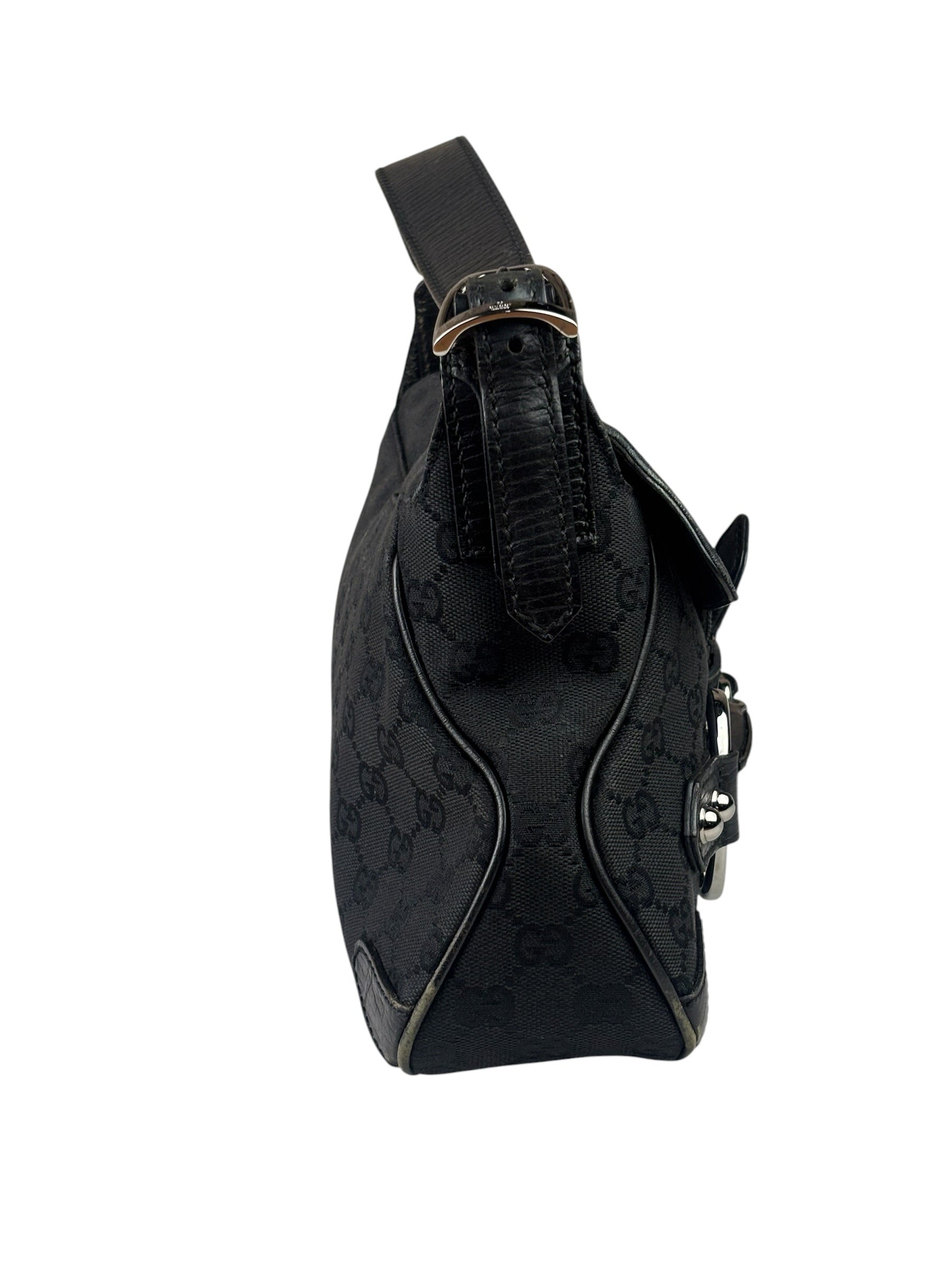 Gucci Black Leather Trim Horsebit GG Chain Shoulder Bag