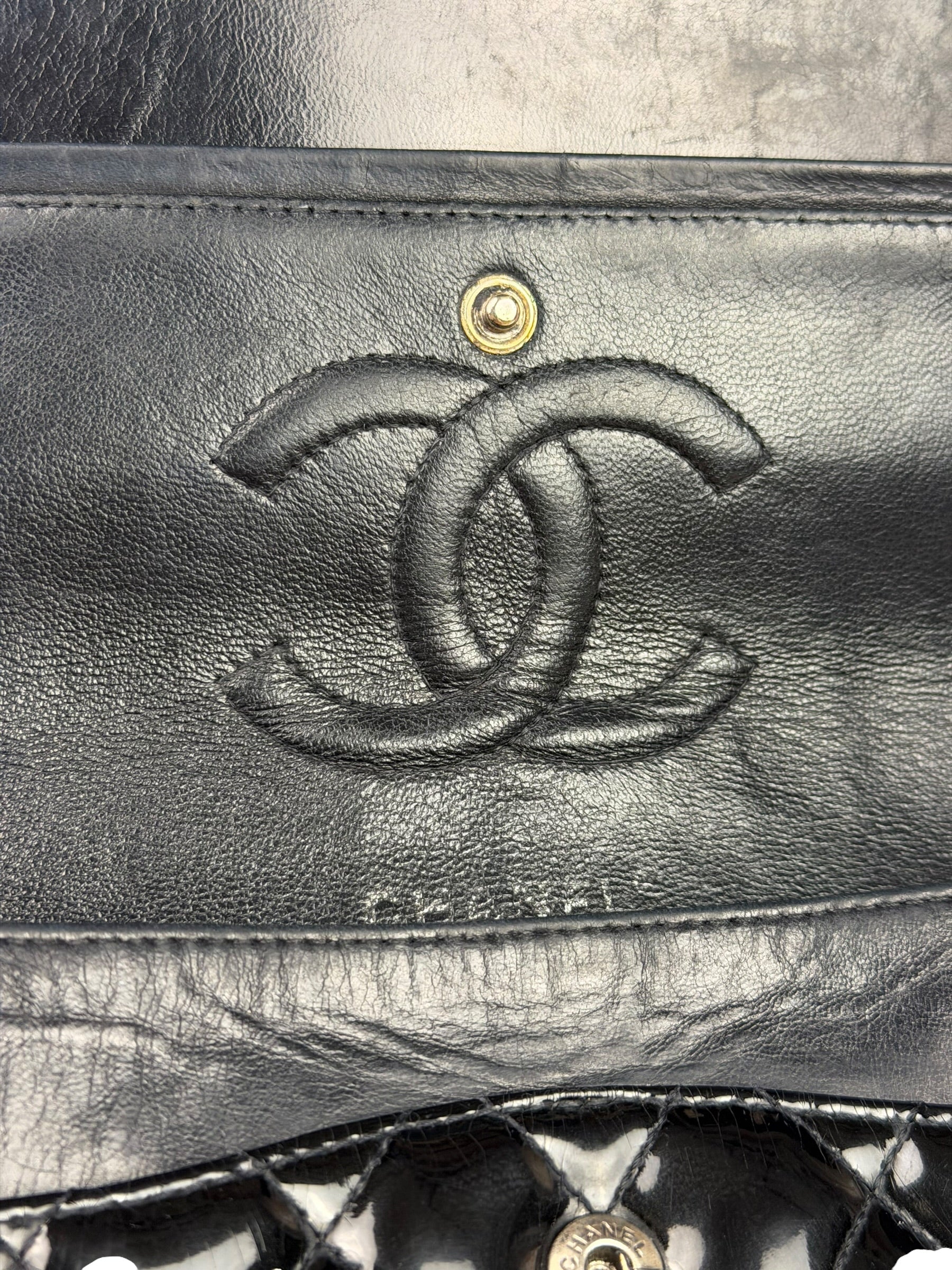 Chanel Black Patent Quilted Leather Double Flap Bag