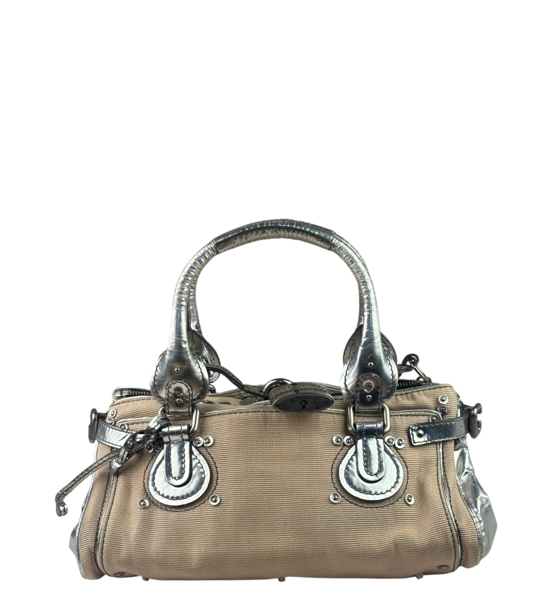 Chloe Beige/Silver Patent Leather Paddington Handbag