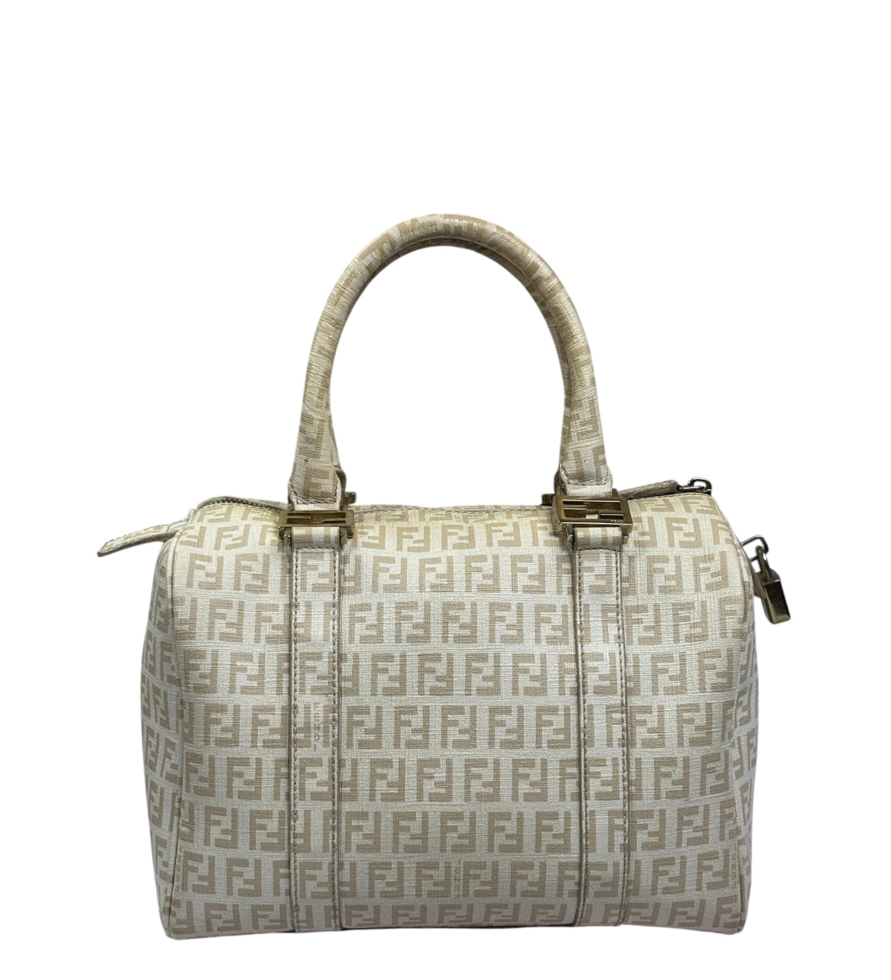 Fendi Beige Leather Trim Zucca Boston Bag