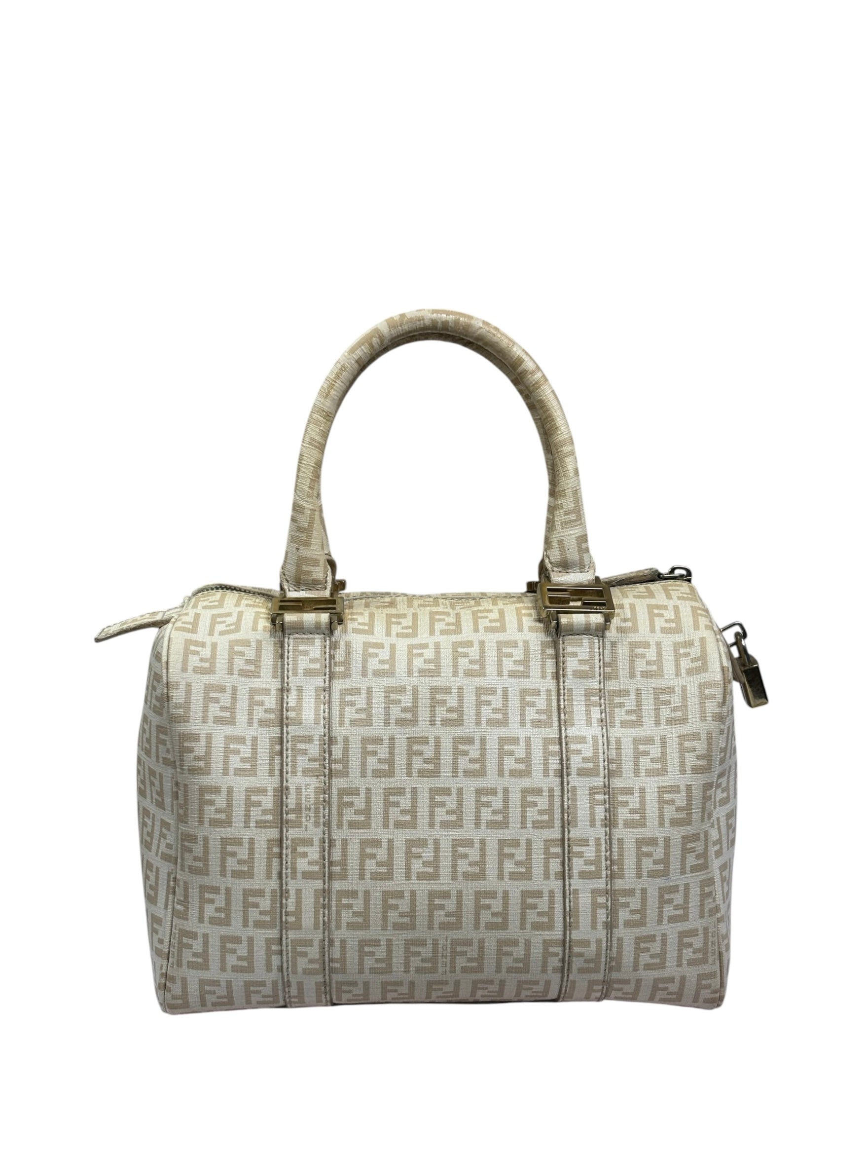 Fendi Beige Leather Trim Zucca Boston Bag