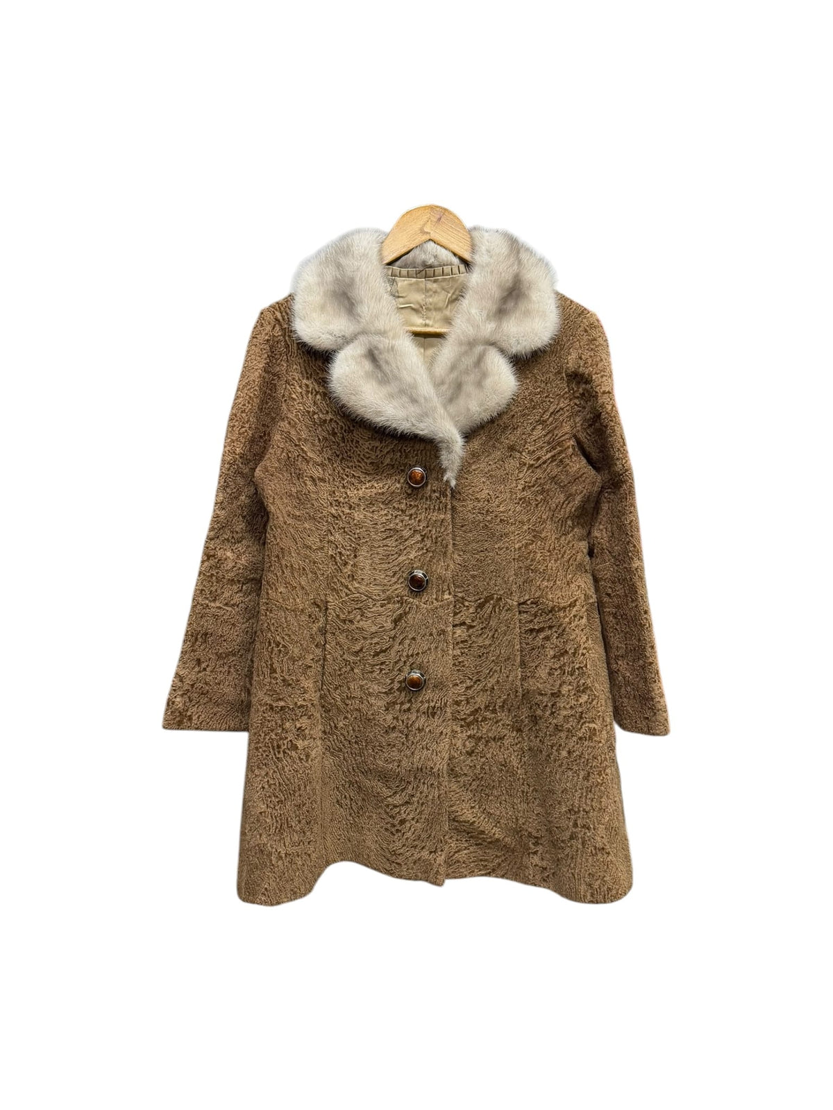 Vintage Glycine Brown Persian Lamb Mink Fur Trim Mid-Length Coat