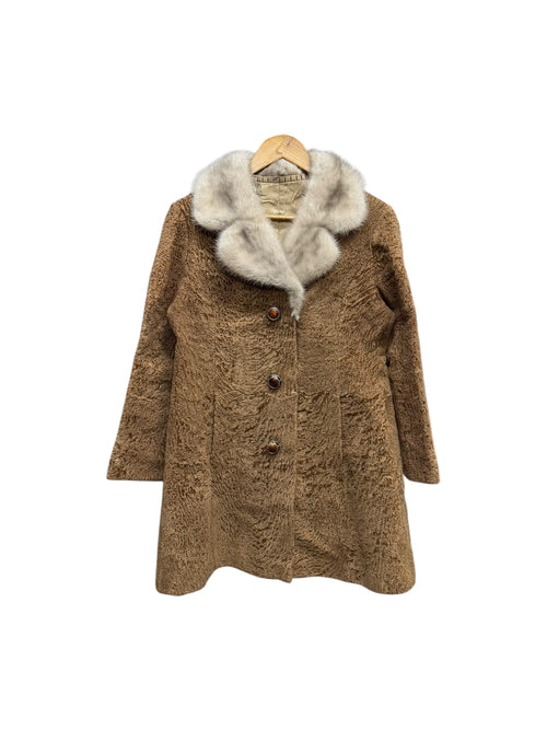 Vintage Glycine Brown Persian Lamb Mink Fur Trim Mid-Length Coat