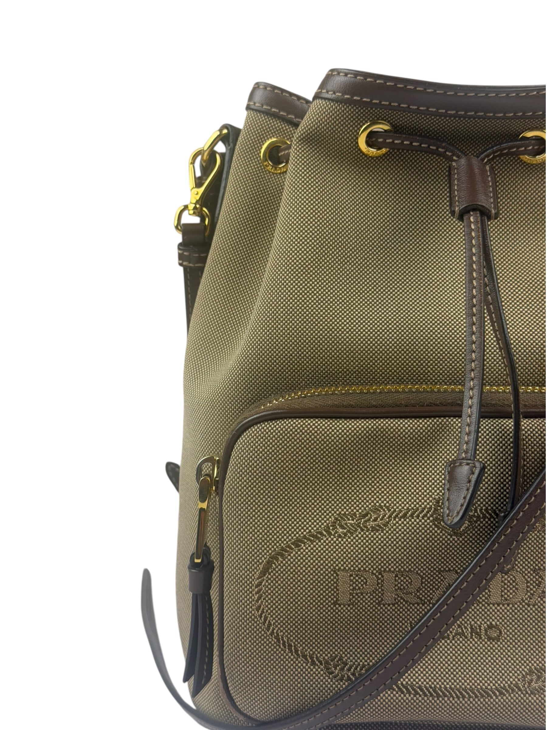 Prada Tan Beige Leather Trim Jaquard Canvas Bucket Bag