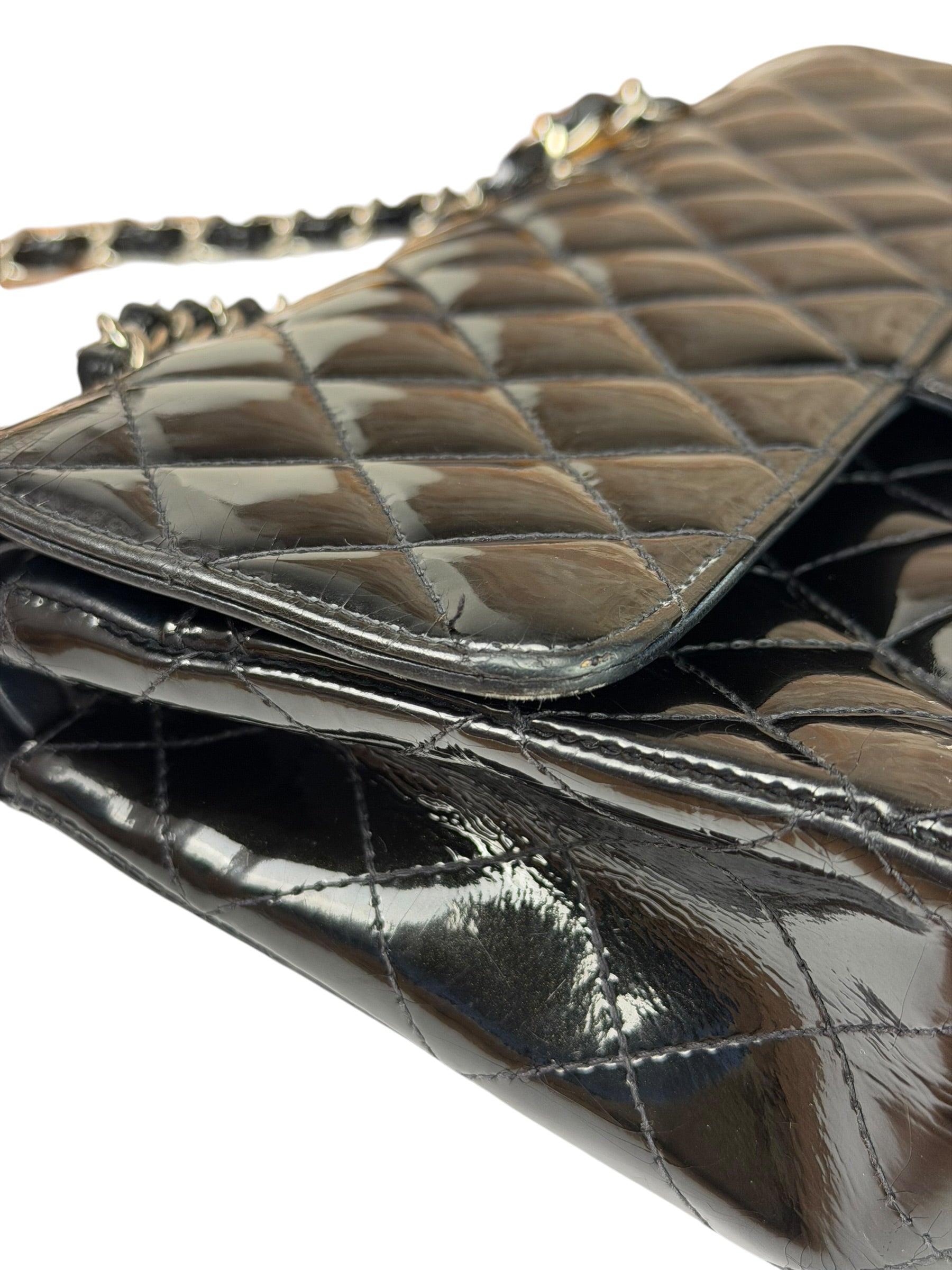 Chanel Black Patent Quilted Leather Double Flap Bag