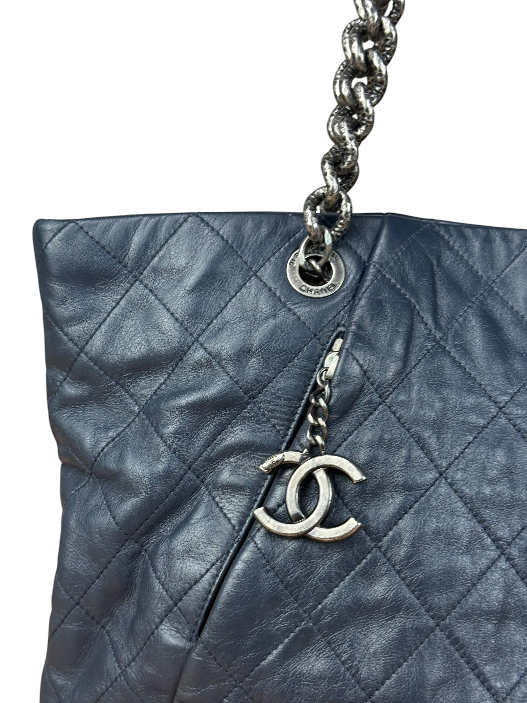 Chanel Dark Navy Quilted Leather Coco Pleats Chain Tote 2012