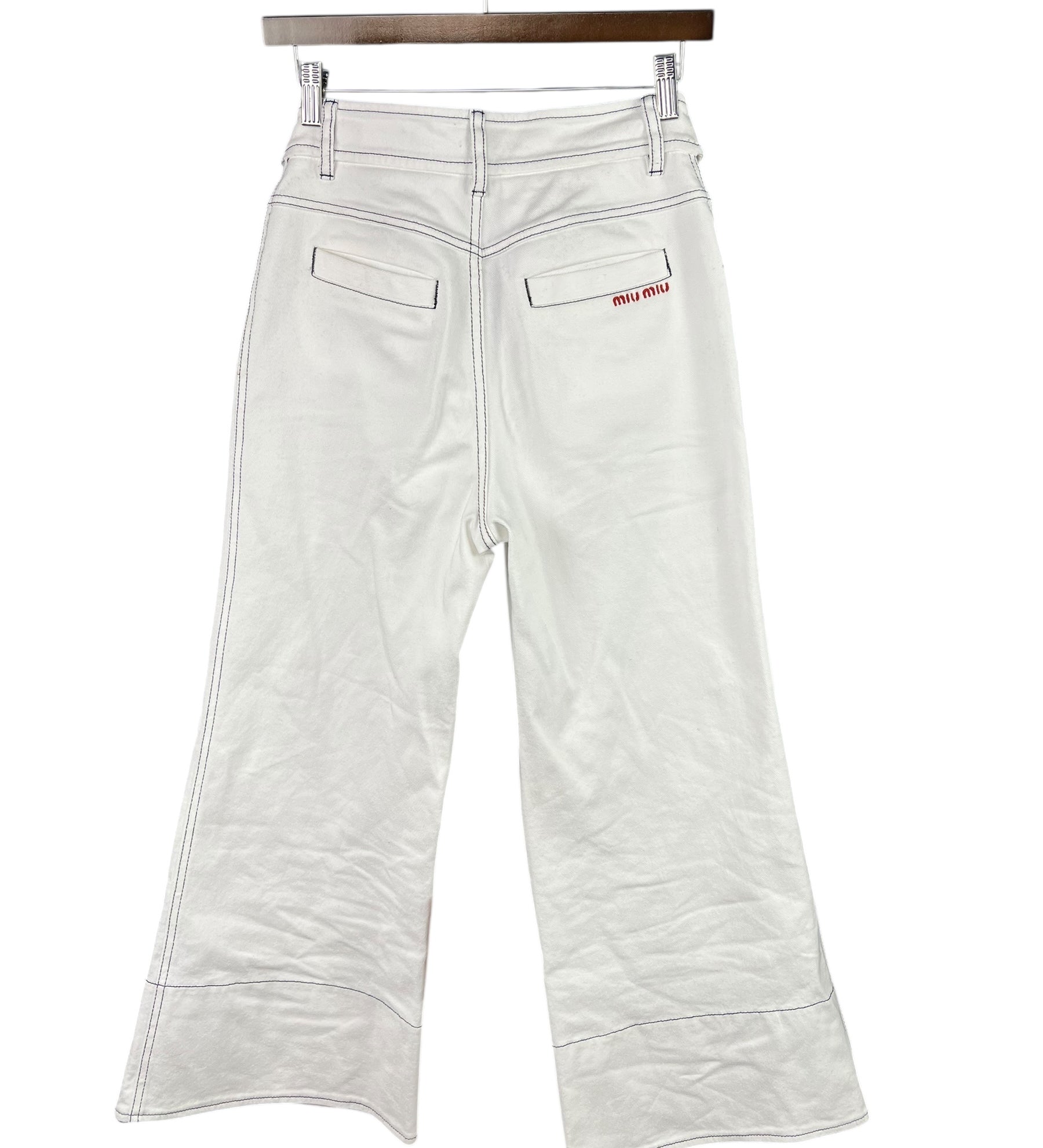 Miu Miu White Denim Stitched Bootleg Jeans