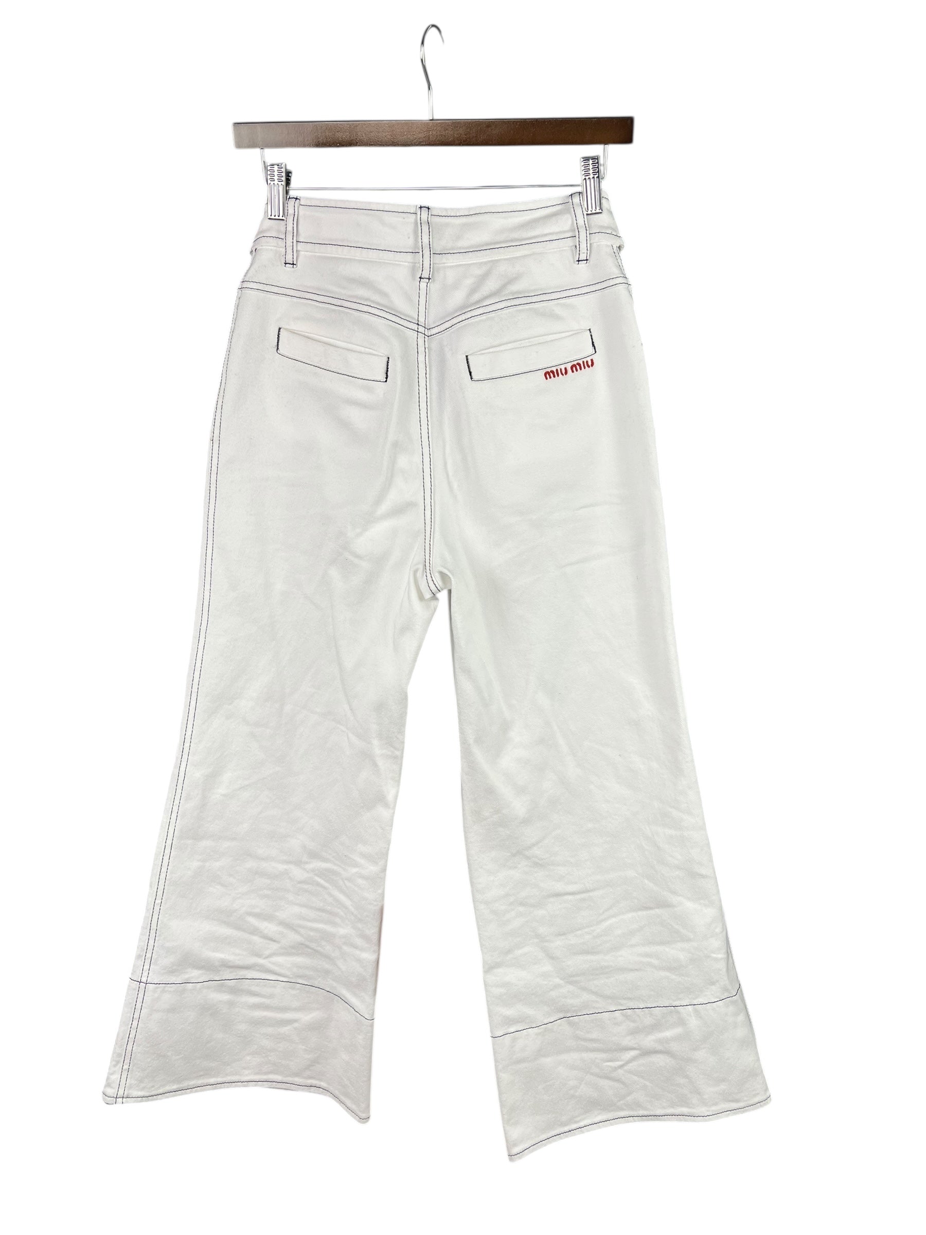 Miu Miu White Denim Stitched Bootleg Jeans