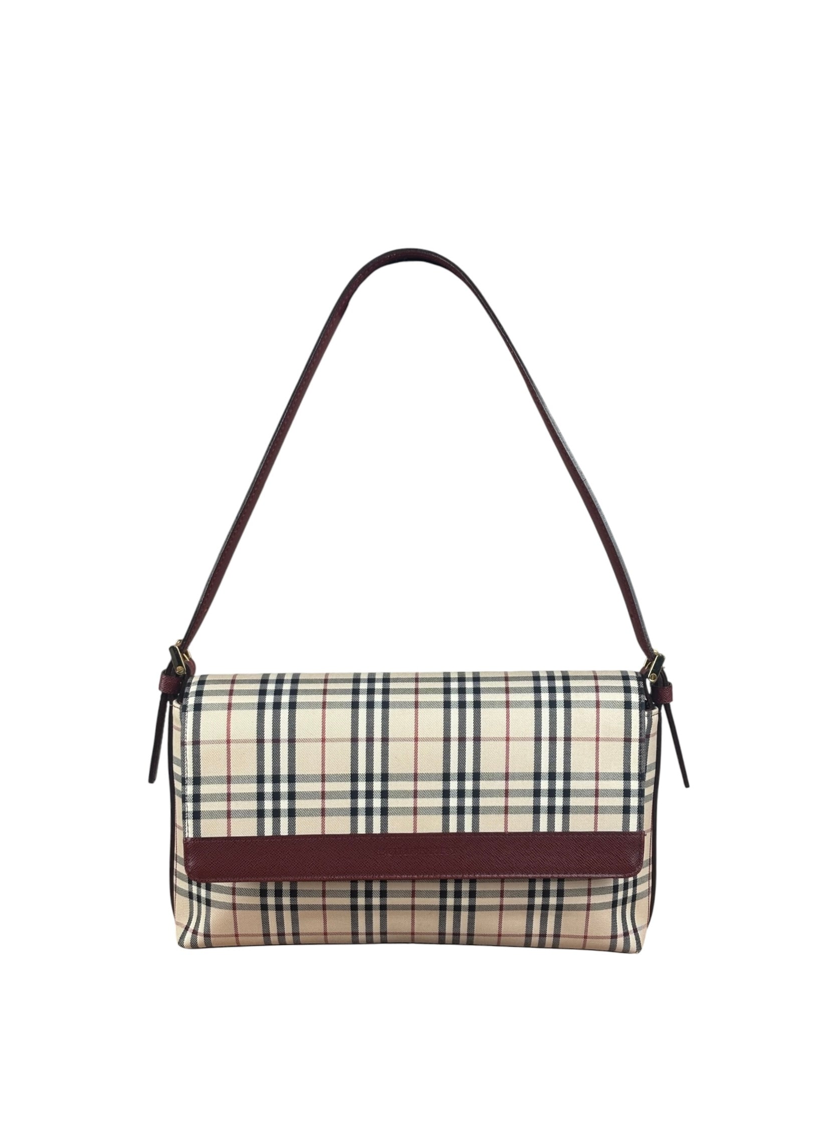 Burberry Burgundy Leather Trim House Check Shoulder Bag