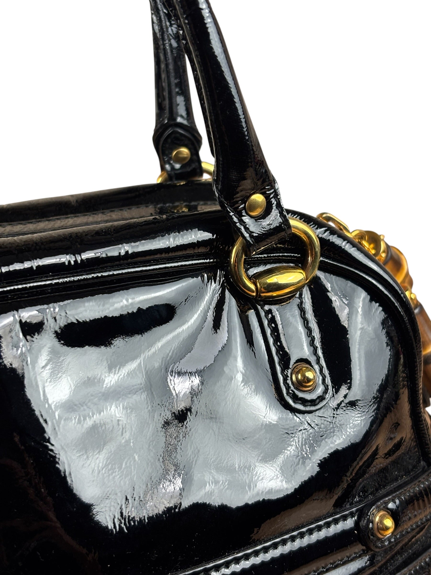 Gucci Black Patent Leather Horsebit Wave Shoulder Bag