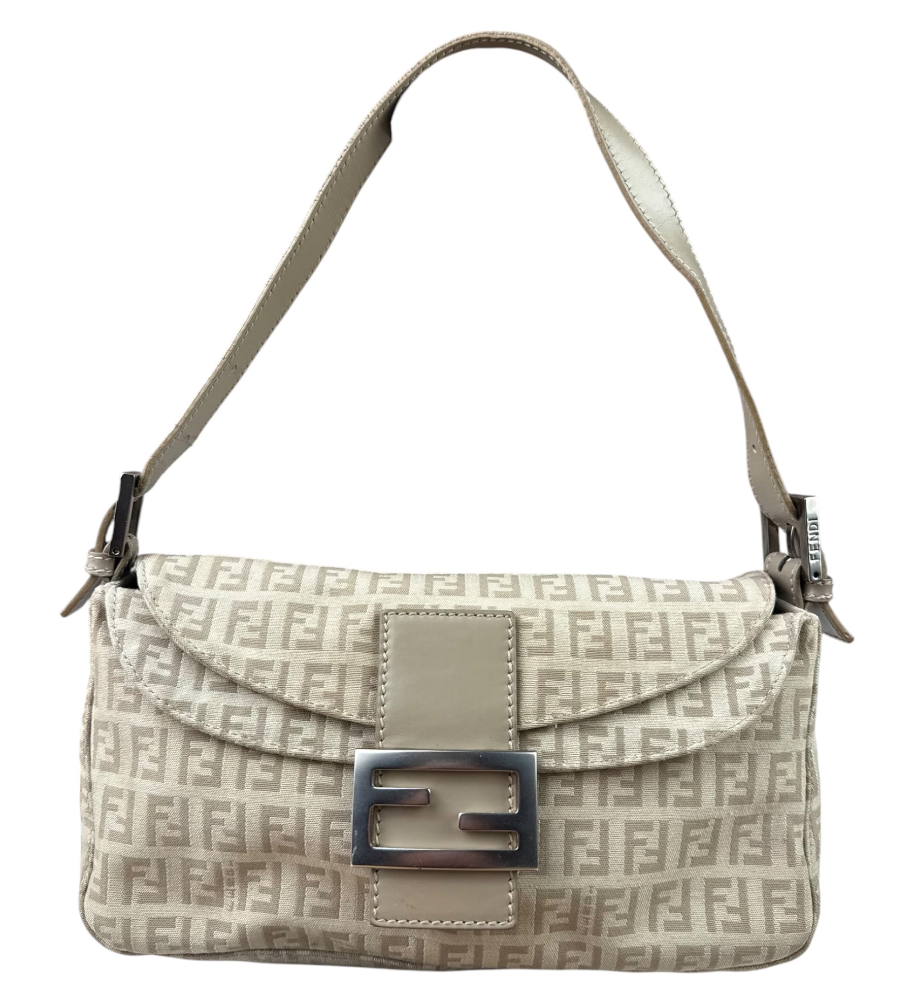 Fendi Grey Leather Trim Zucca Baguette