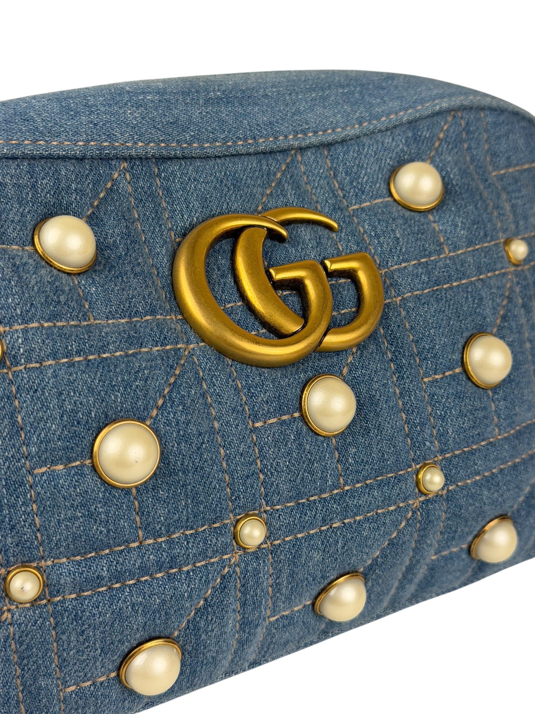 Gucci Blue Denim GG Marmont Pearl Camera Bag