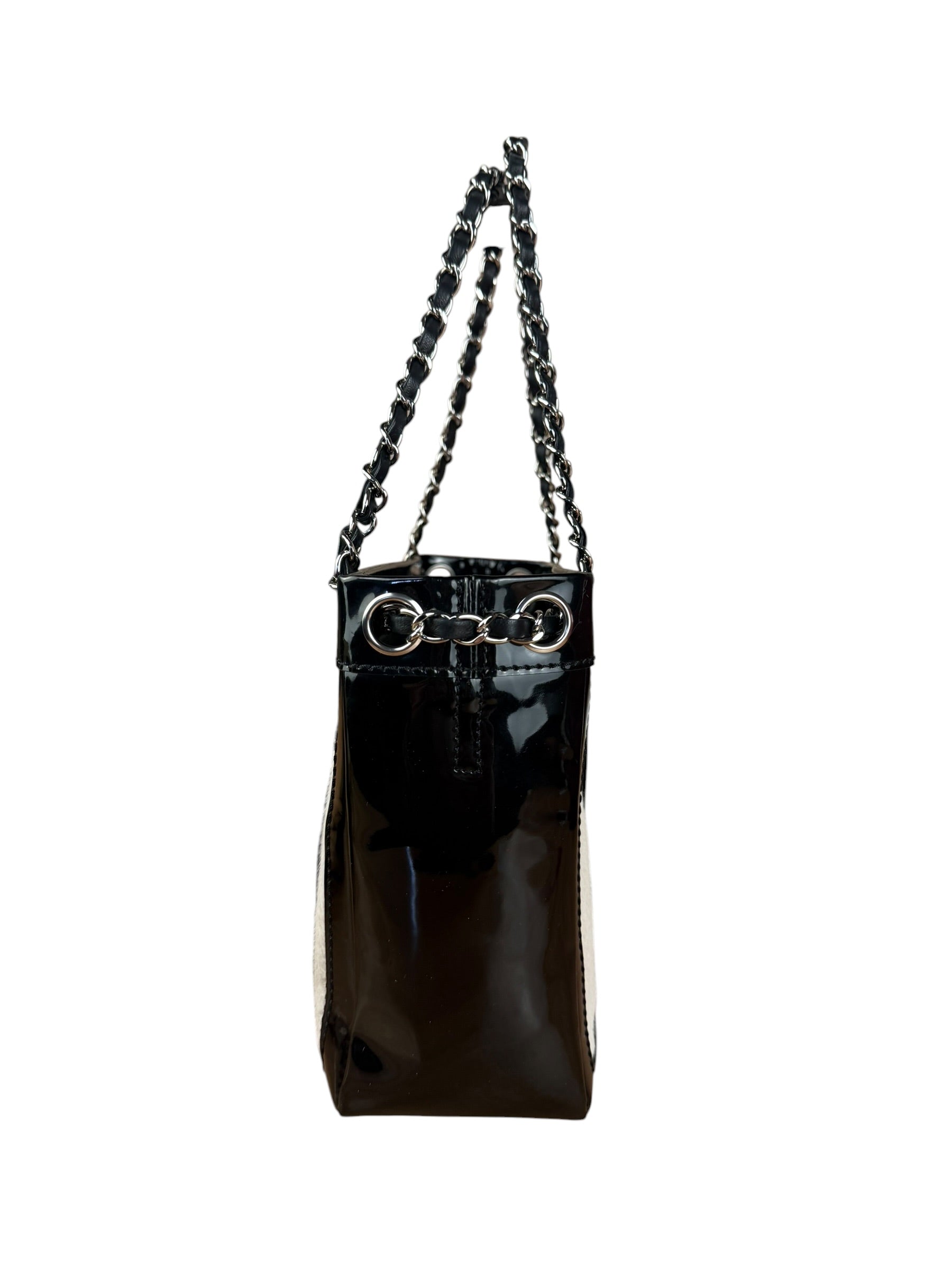 Chanel Vintage Black Patent Pony Hair Chain Pocket Tote 2005