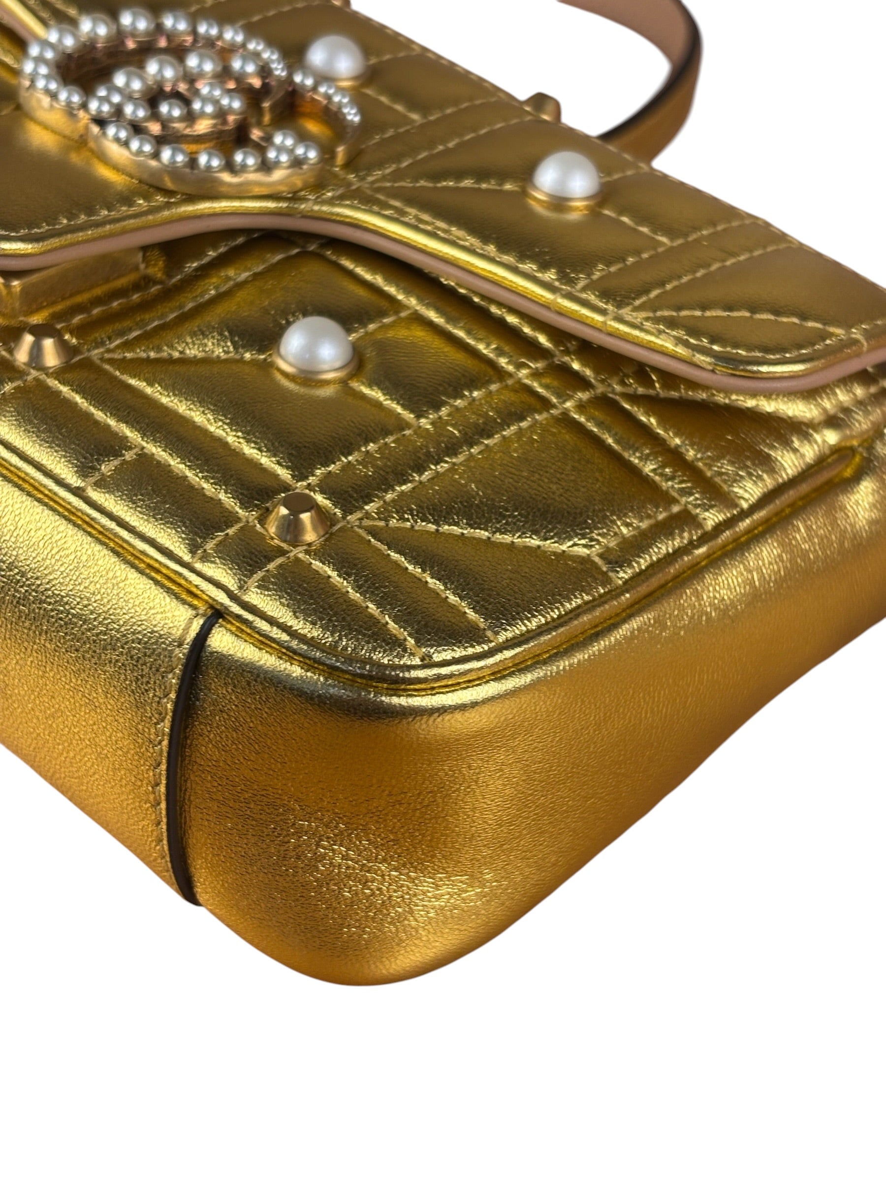 Gucci Gold GG Marmont Pearl Studded Mini Flap Bag