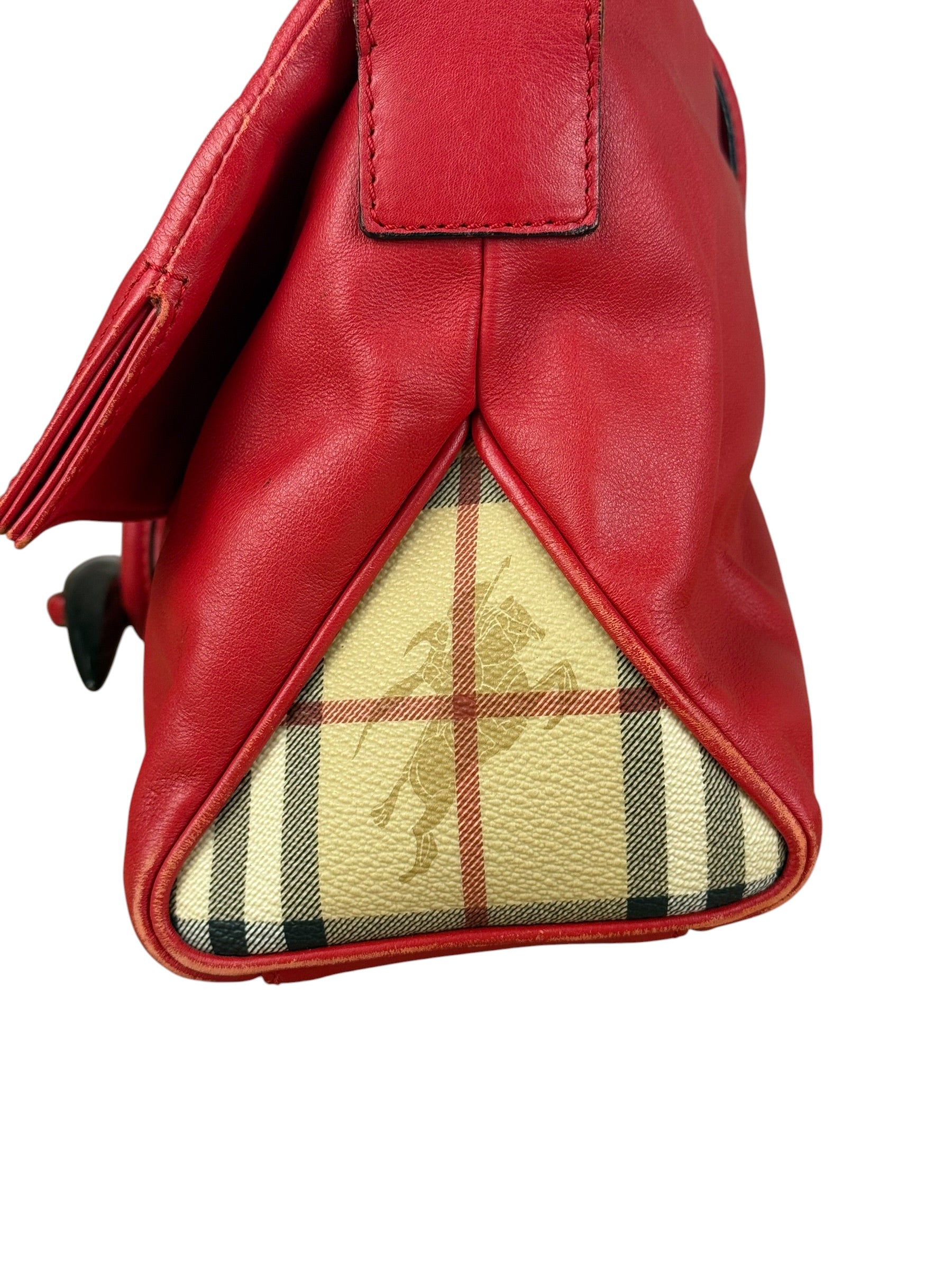 Burberry Red Leather Haymarket Check Shoulder Bag