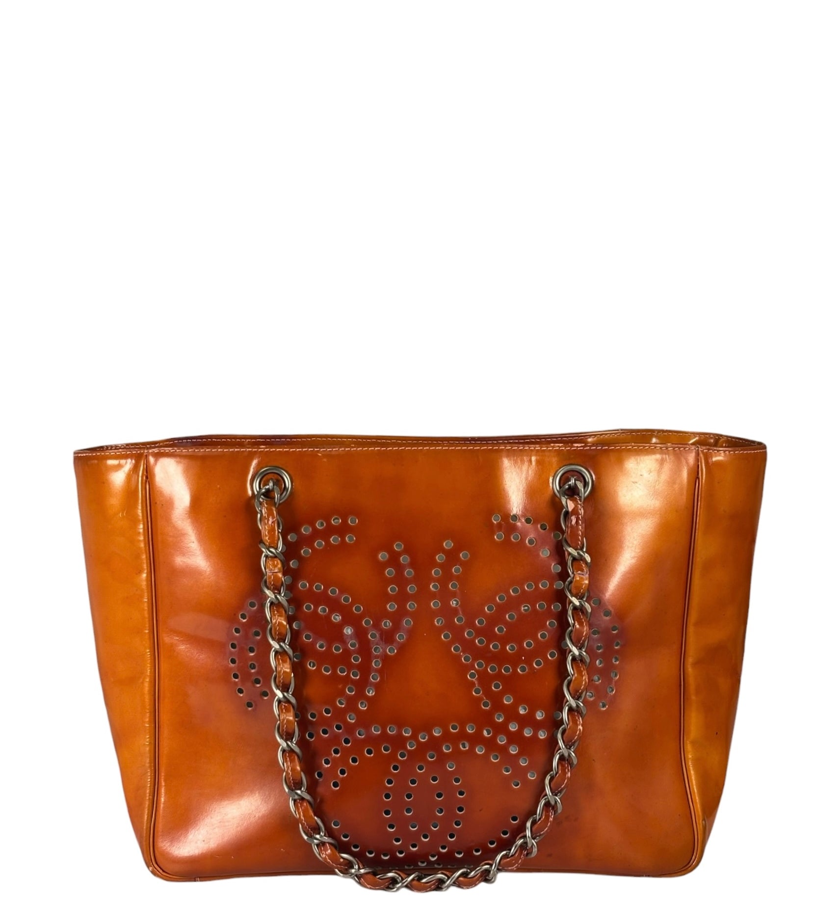 Chanel Vintage Orange Patent Leather Perforated CC Shopping Tote 1996