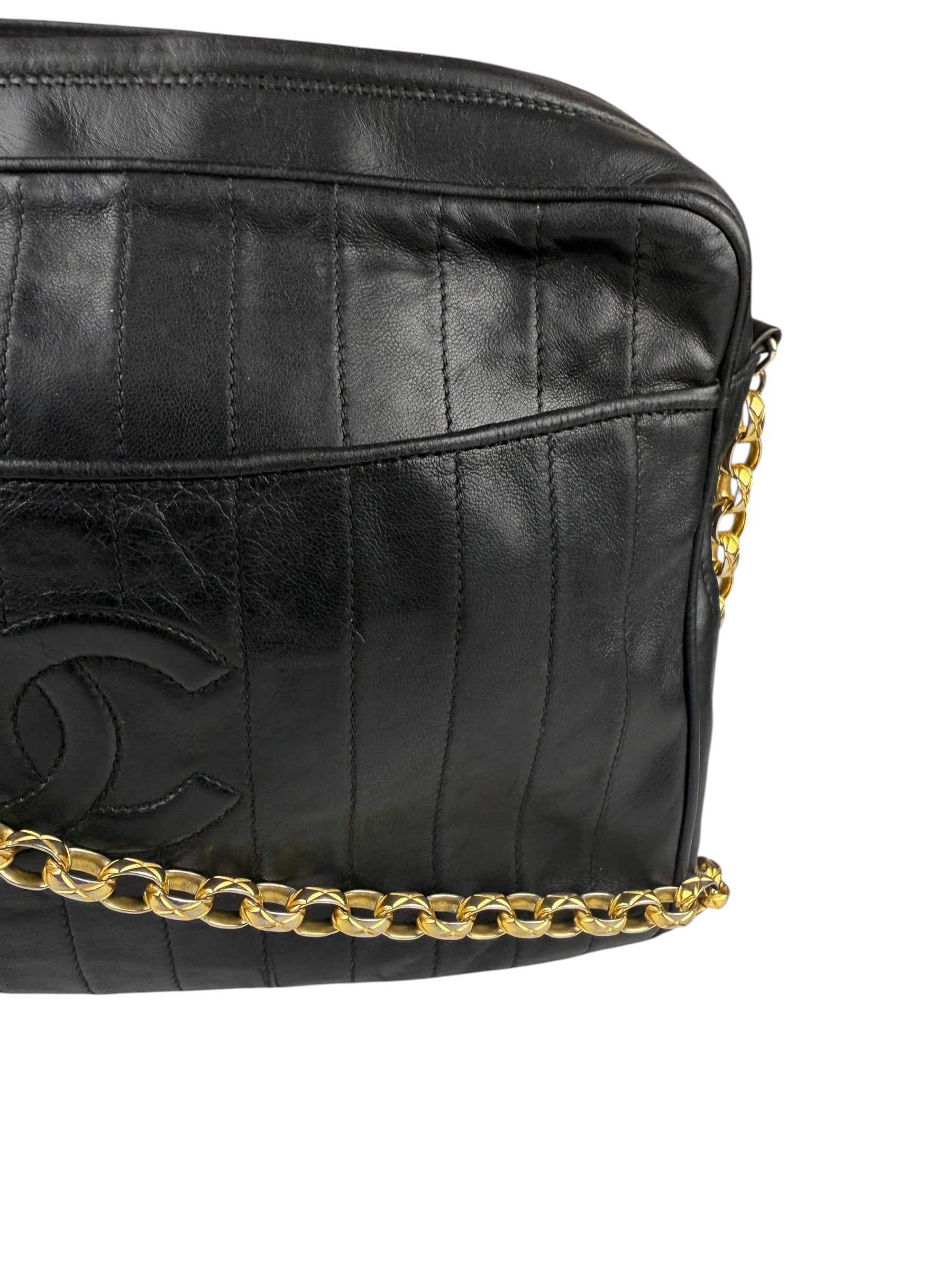Chanel Vintage Black Leather Mademoiselle Vertical Quilted Shoulder Bag 1990's