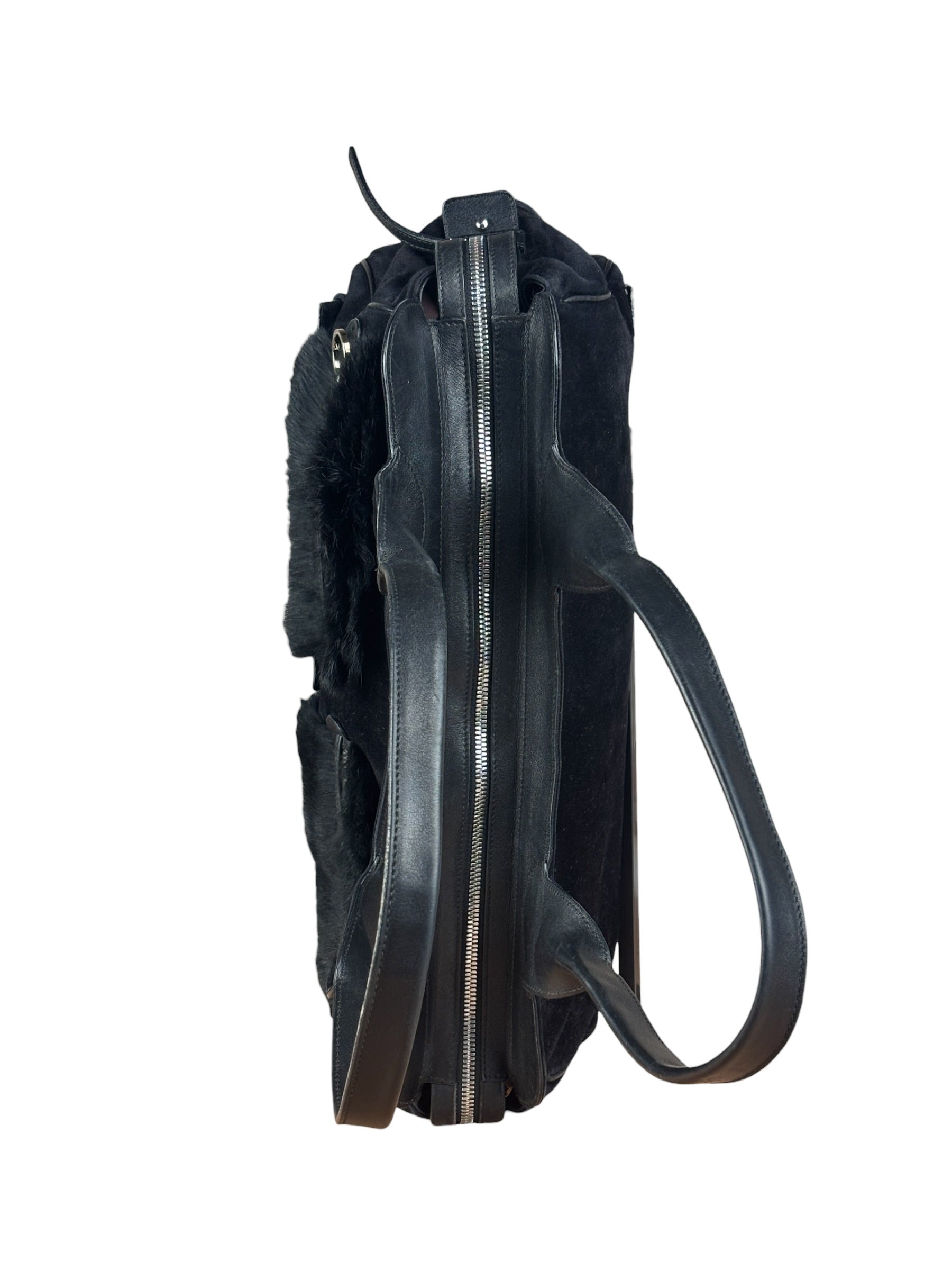 Salvatore Ferragamo Black Rabbit Fur Leather Trim Shoulder Bag