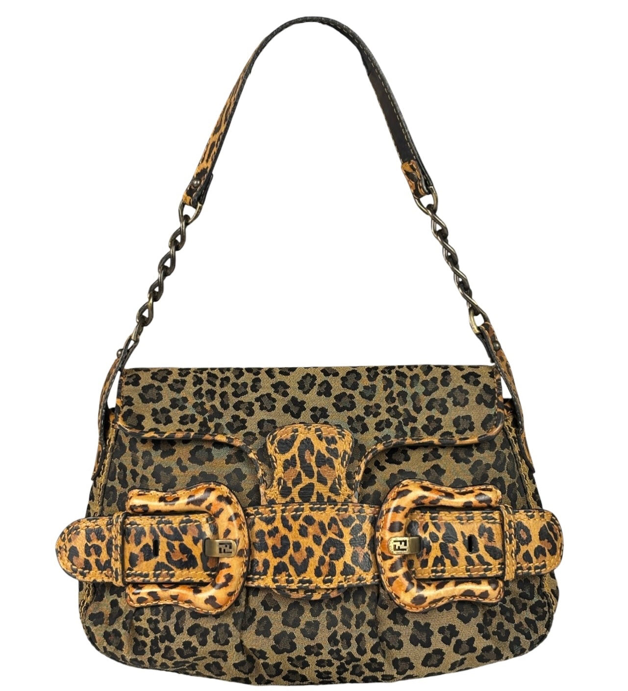 Fendi Brown Leather Trim Leopard Print Buckle Bag