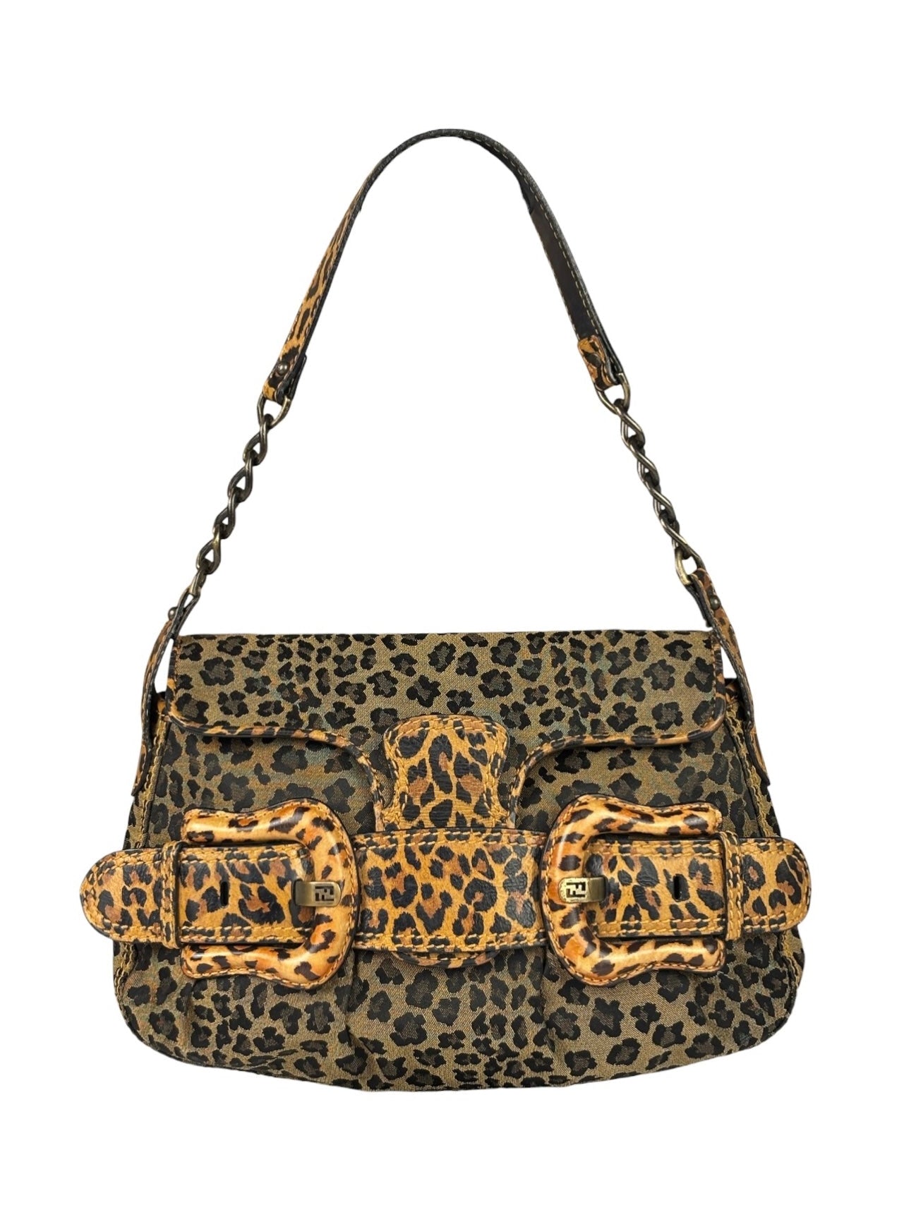 Fendi Brown Leather Trim Leopard Print Buckle Bag