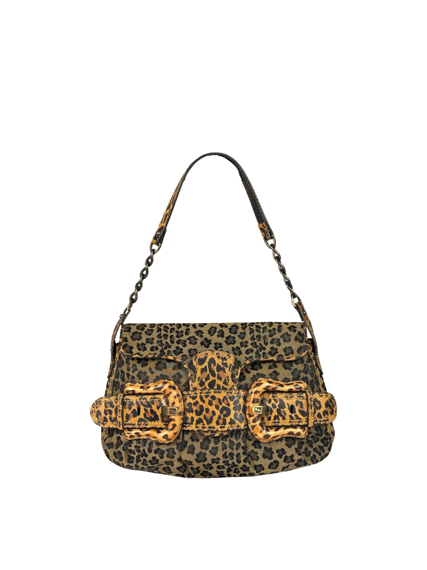 Fendi Brown Leather Trim Leopard Print Buckle Bag