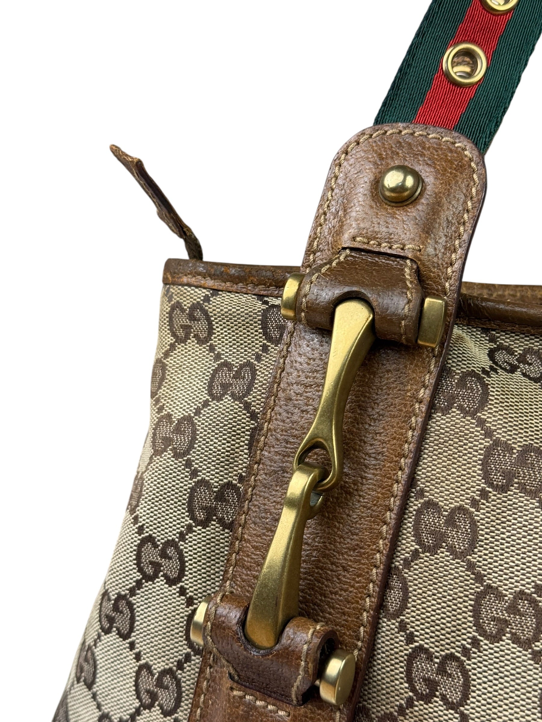 Gucci Vintage Brown Leather Trim Grommet Web Shoulder Bag