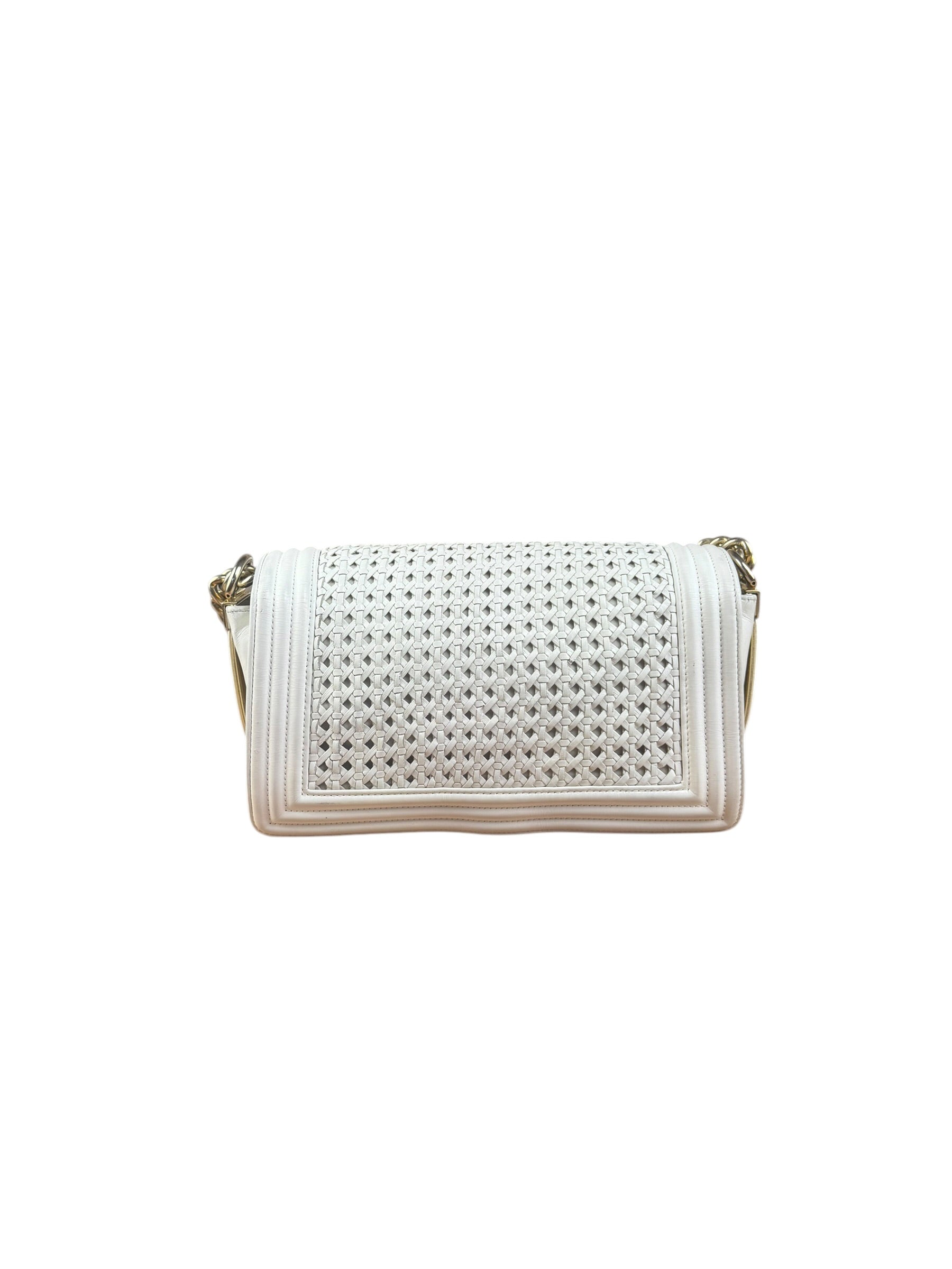 Chanel Vintage White Leather Braided Boy Shoulder Bag 1989