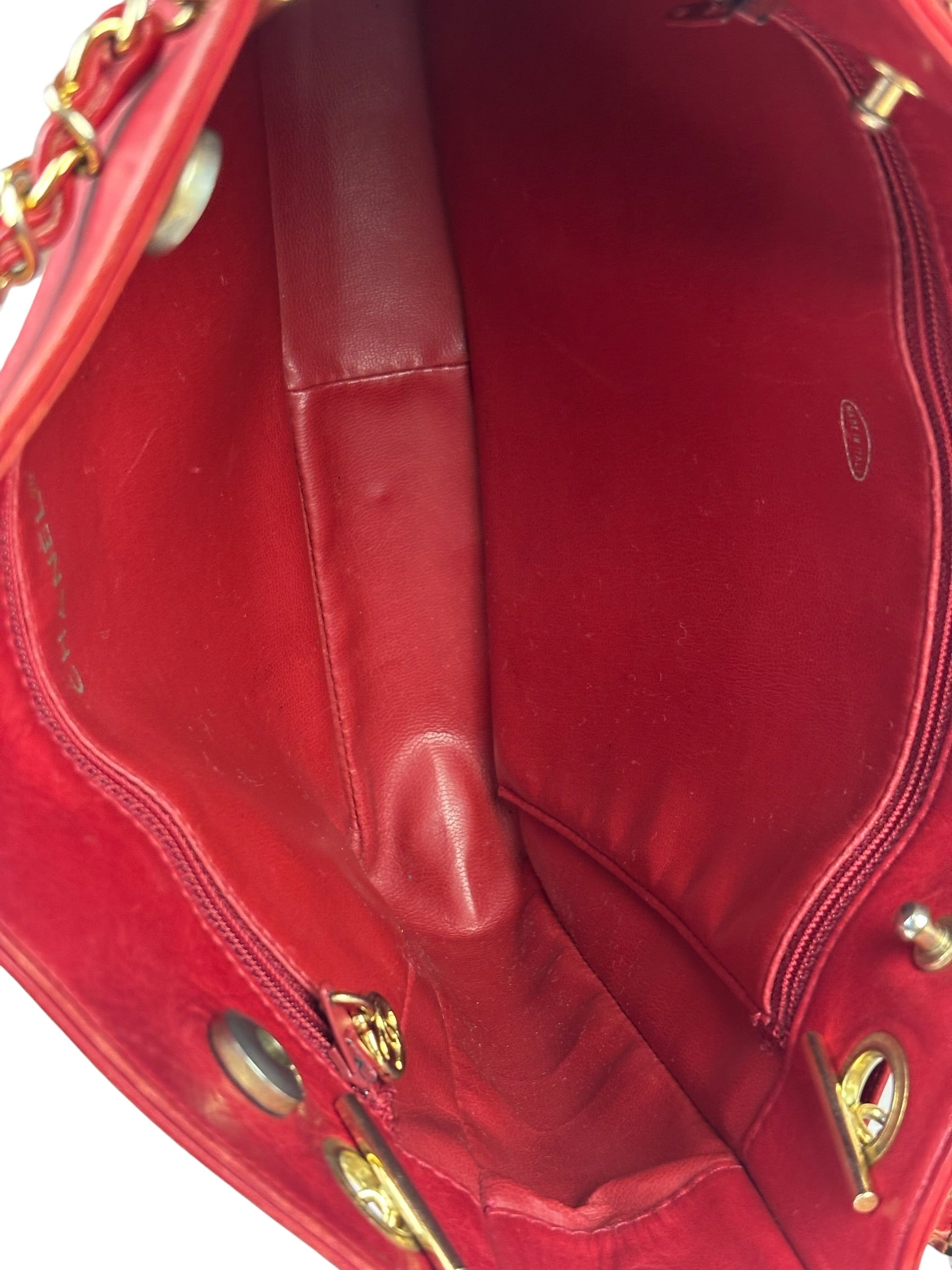 Chanel Red Quilted Lambskin Chain Tote Bag 1990
