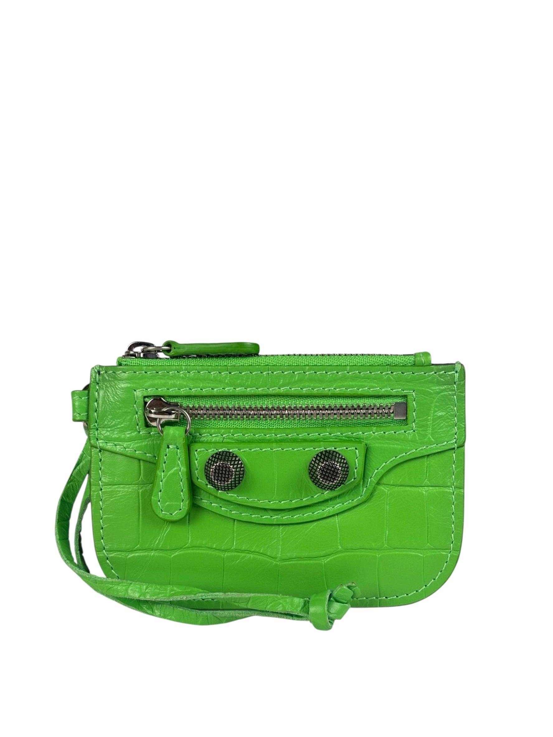 Balenciaga Neon Green Crocodile-Embossed Coin/Card Holder