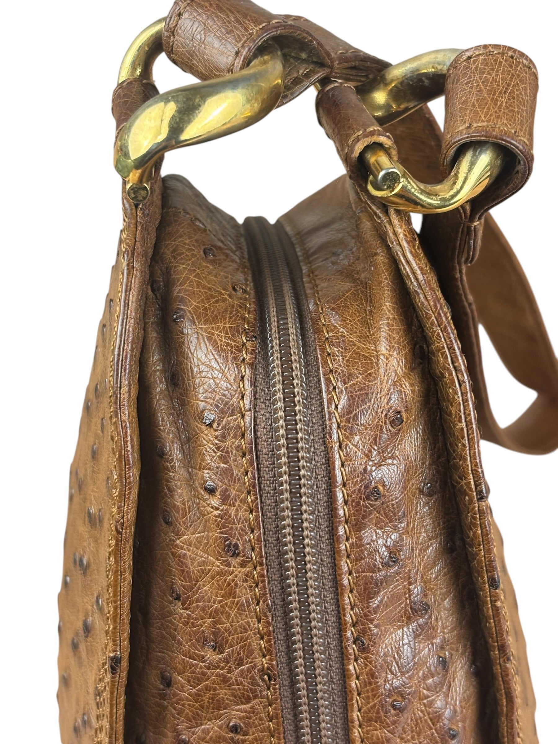 Loewe Vintage Brown Ostrich Print Leather Triangular Shoulder Bag