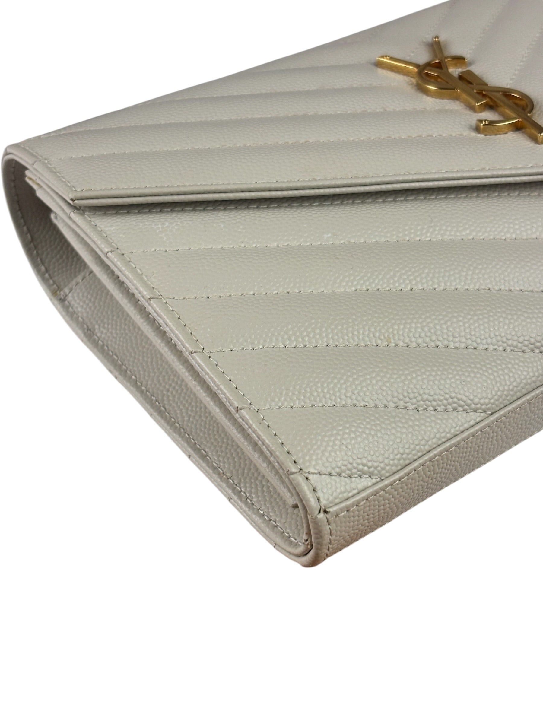 YSL Cream Pebbled Leather Cassandre Envelope Small Wallet On Chain