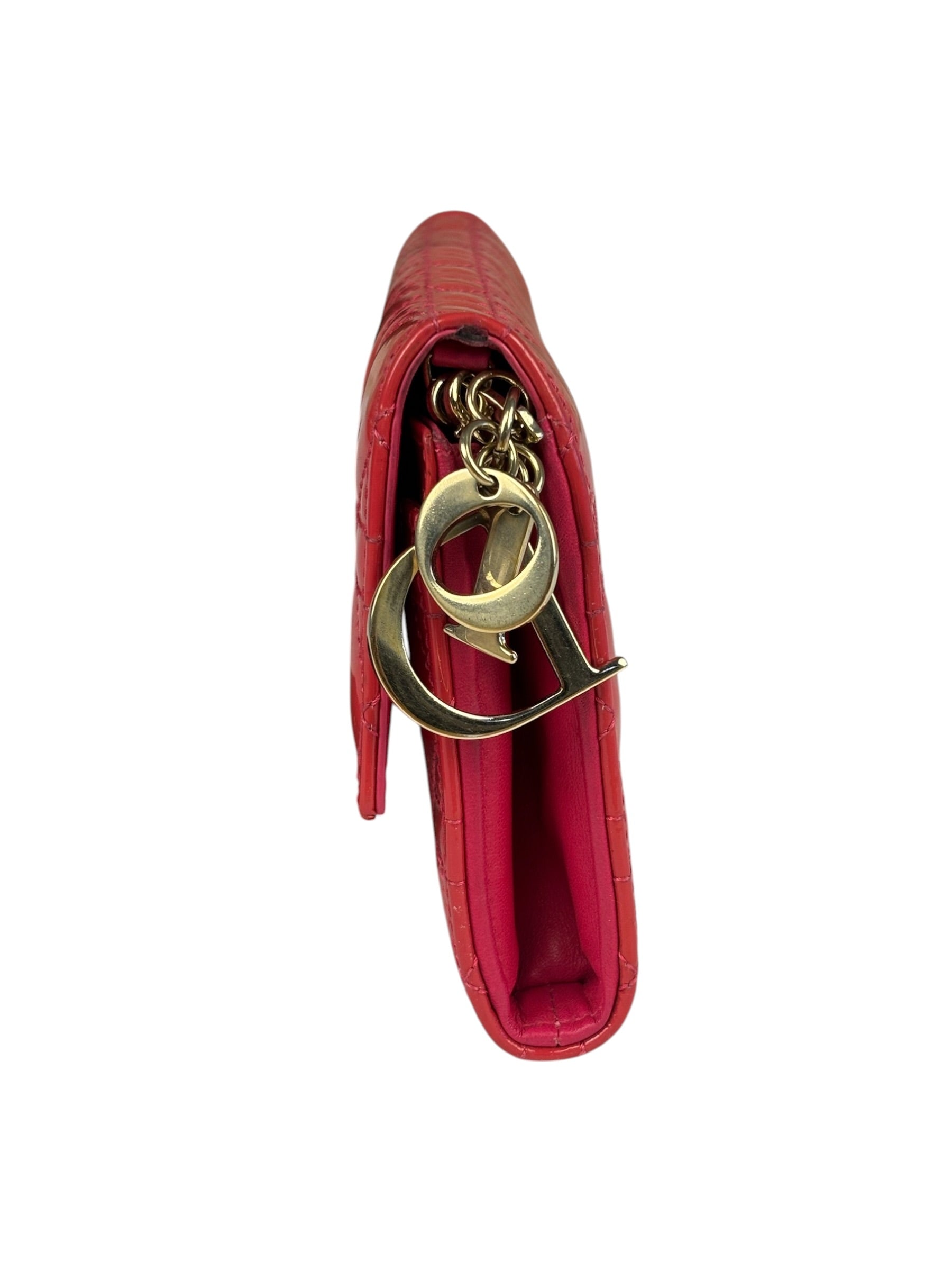 Christian Dior Cannage Red Patent Leather Wallet On Chain