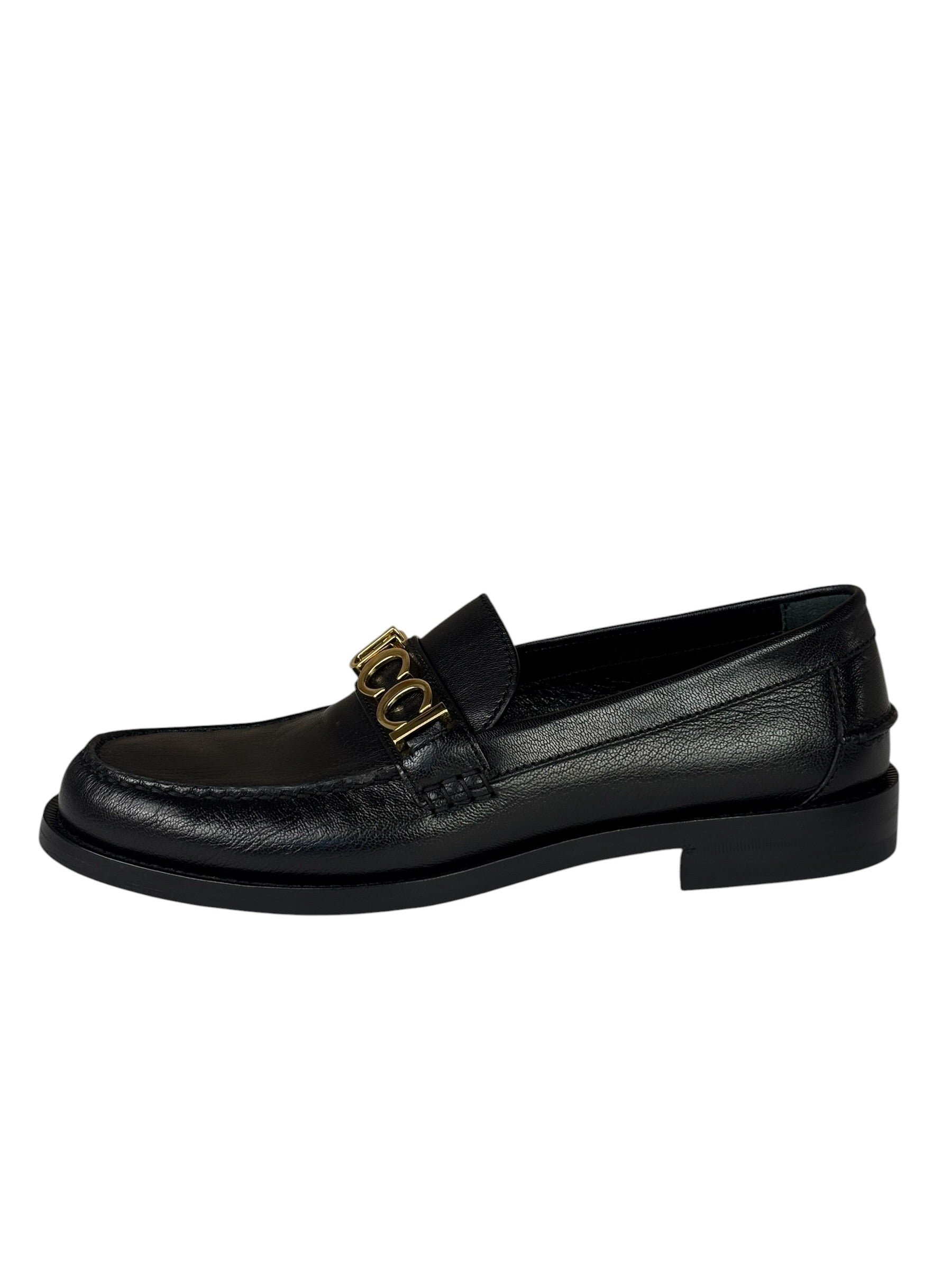 Gucci Black Leather Plaque Loafers