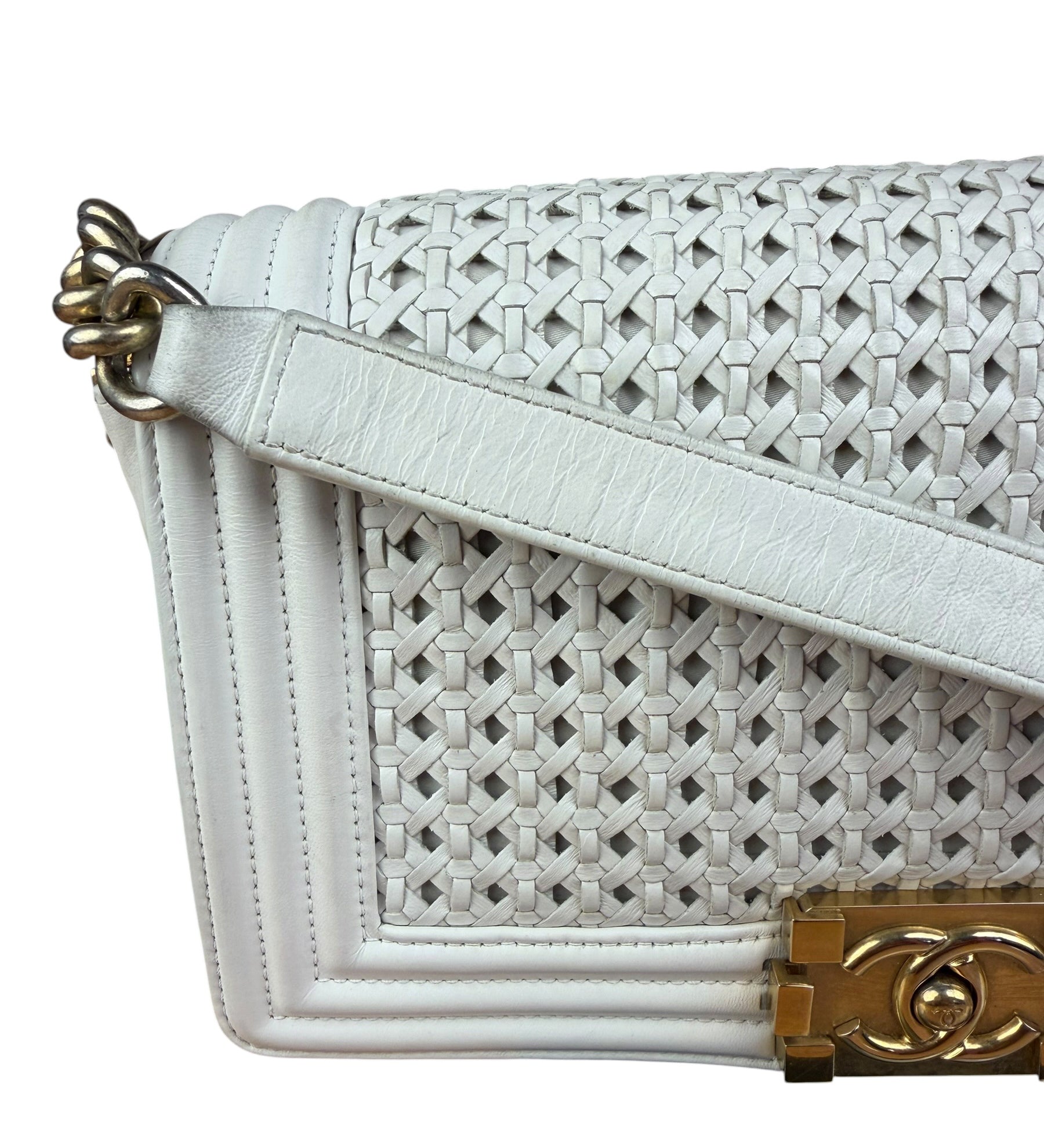 Chanel Vintage White Leather Braided Boy Shoulder Bag 1989