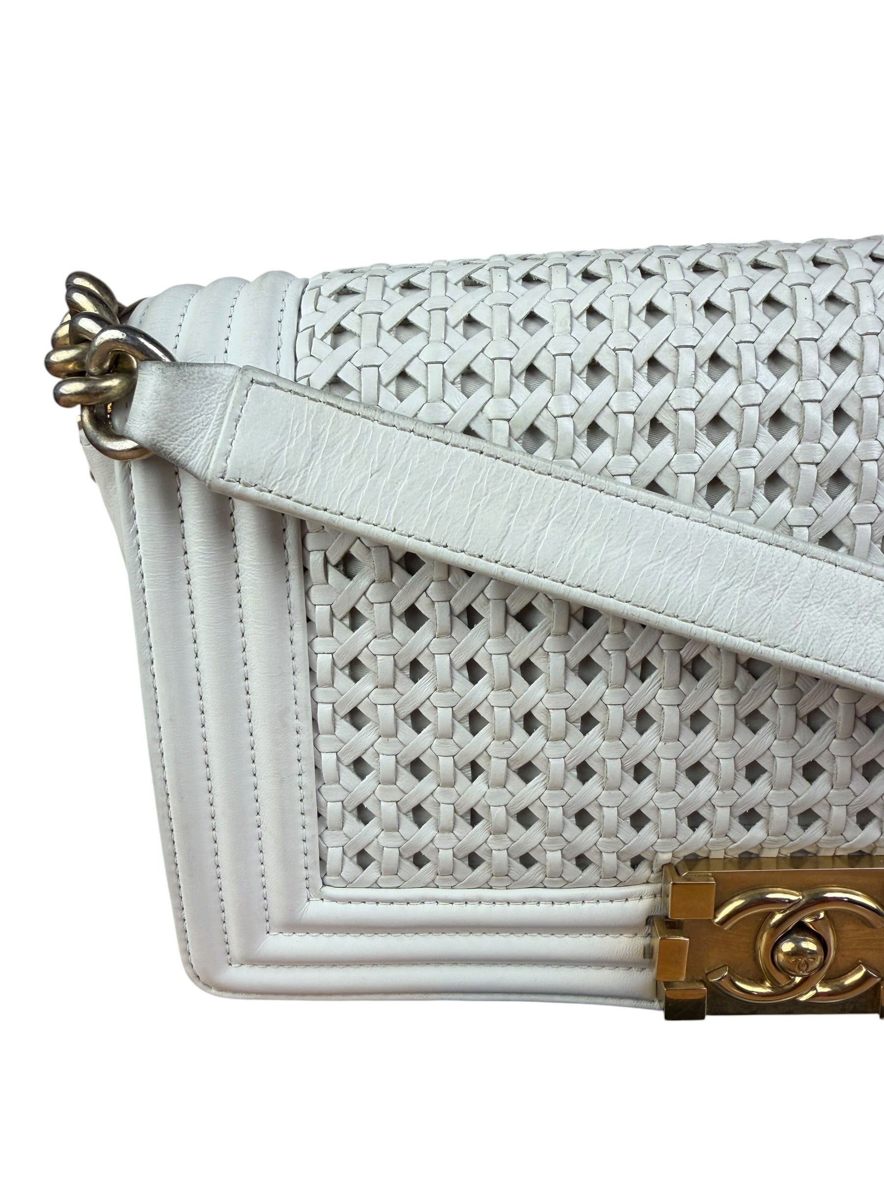Chanel Vintage White Leather Braided Boy Shoulder Bag 1989