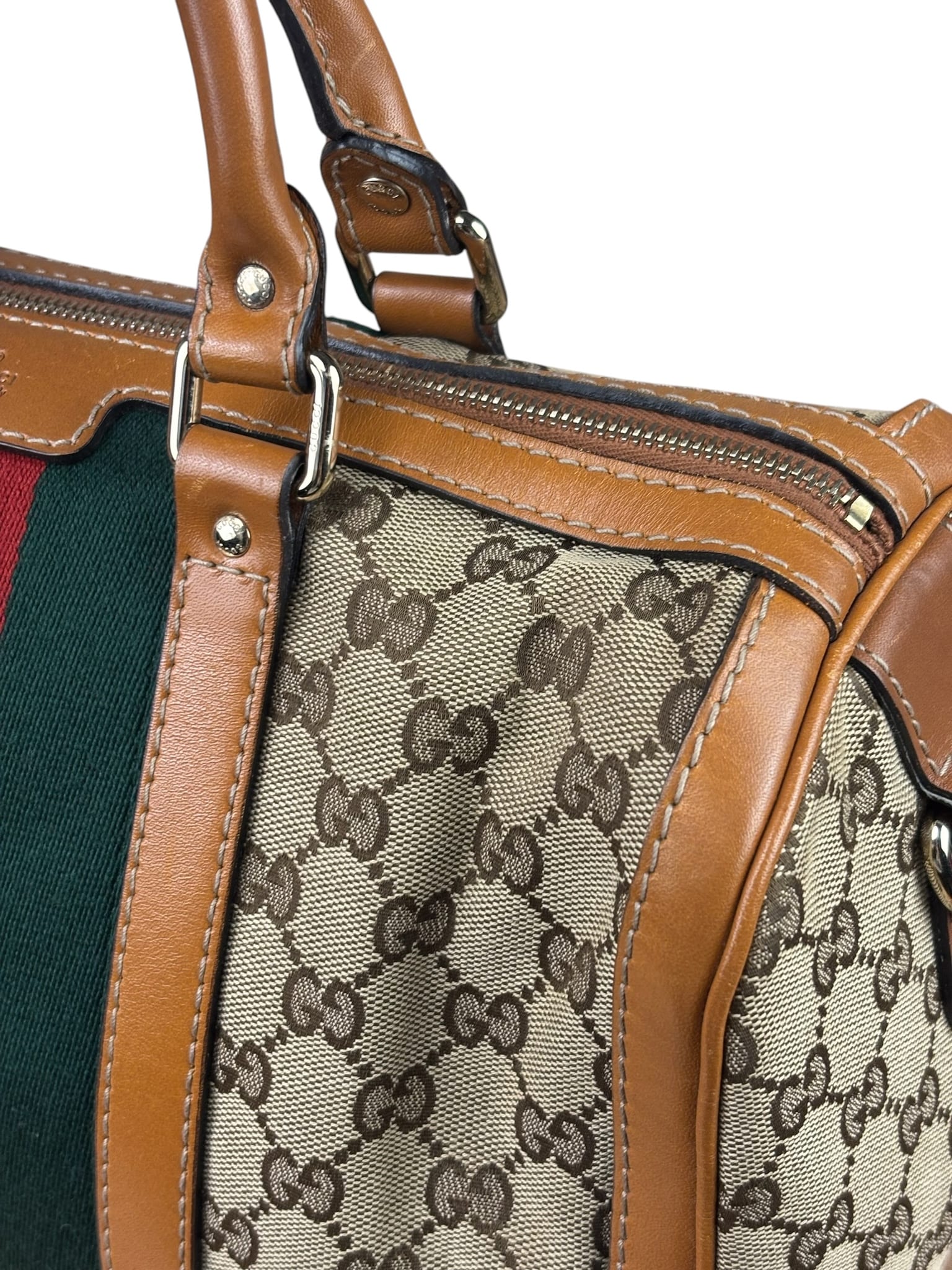 Gucci Beige/Brown GG Web Boston Two-Way Bag