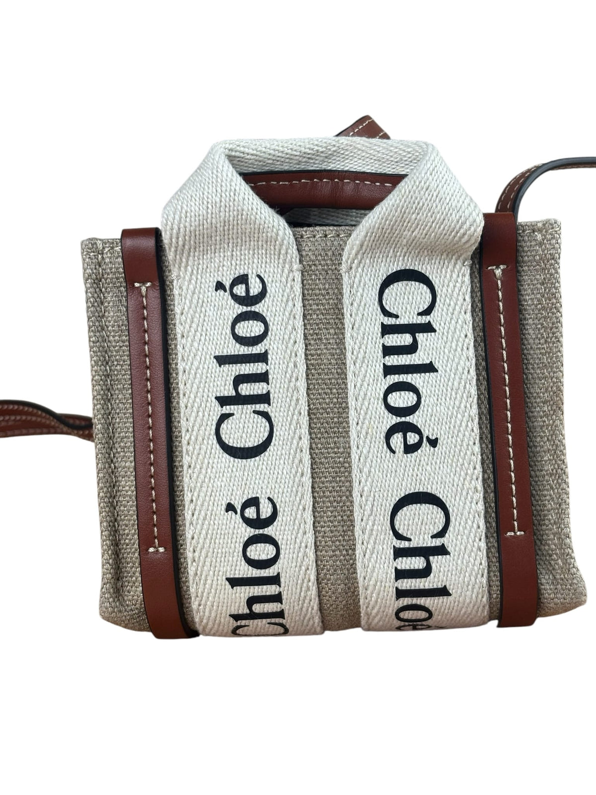 Chloe Beige/Brown Leather Trim Canvas Woody Nano Two-Way Satchel
