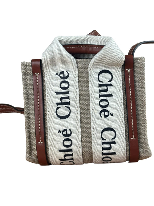 Chloe Beige/Brown Leather Trim Canvas Woody Nano Two-Way Satchel