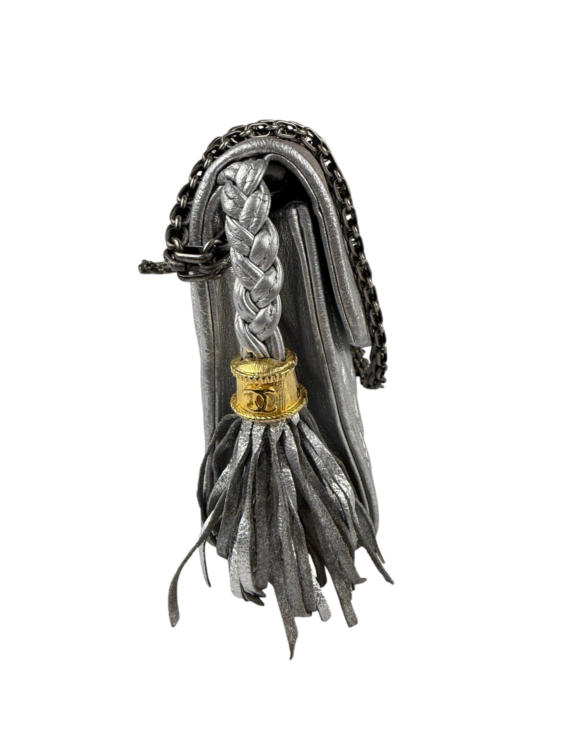 Chanel Vintage Metallic Silver Quilted Tassel Flap Bag 1997