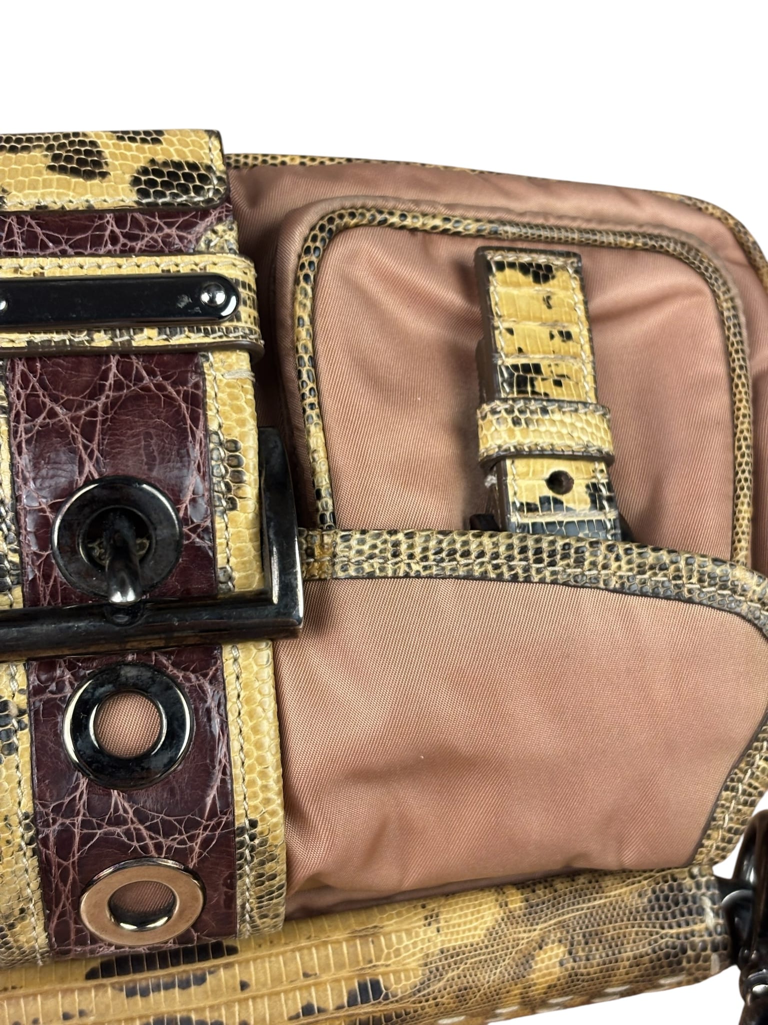 Prada Soft Dusty Rose Tessuto Nylon Snakeskin Trim Multi-Pocket Shoulder Bag